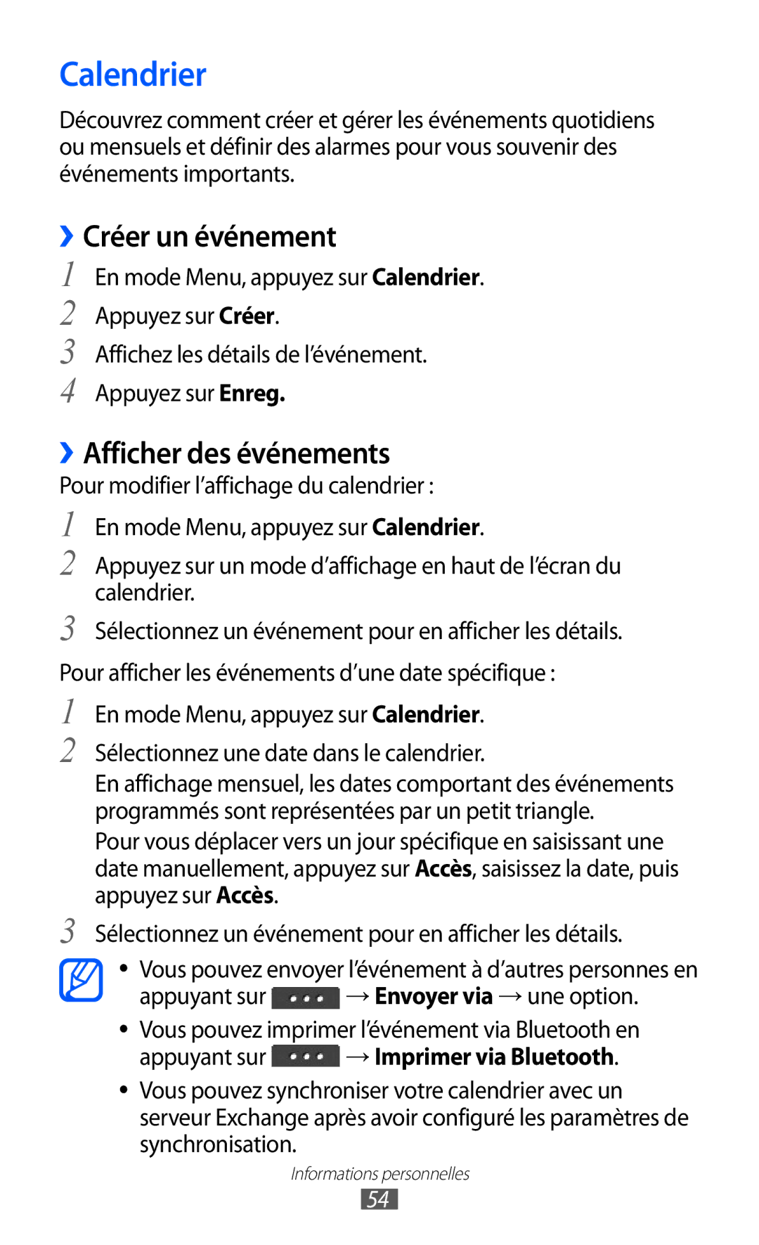 Samsung GT-C6712LKABGL Calendrier, ››Créer un événement, ››Afficher des événements, Appuyant sur → Imprimer via Bluetooth 