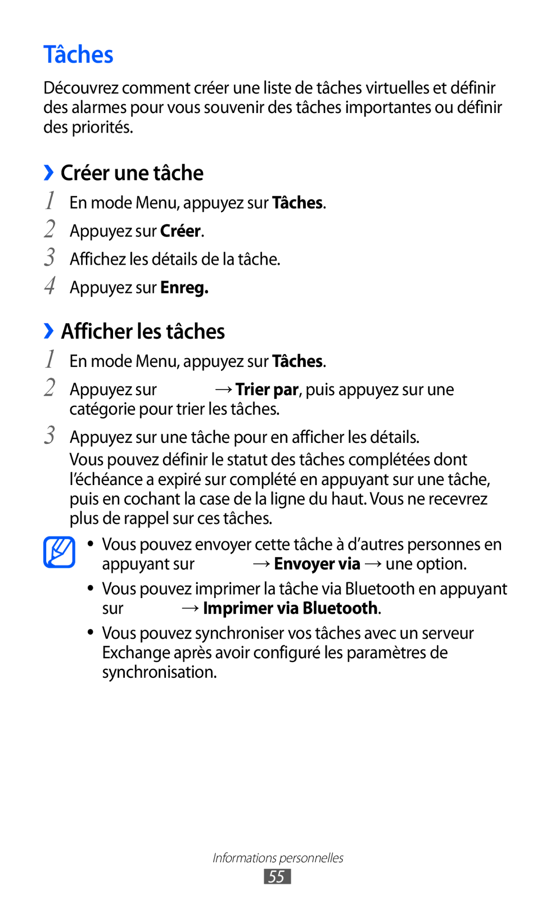 Samsung GT-C6712LKABGL manual Tâches, ››Créer une tâche, Afficher les tâches, → Imprimer via Bluetooth 