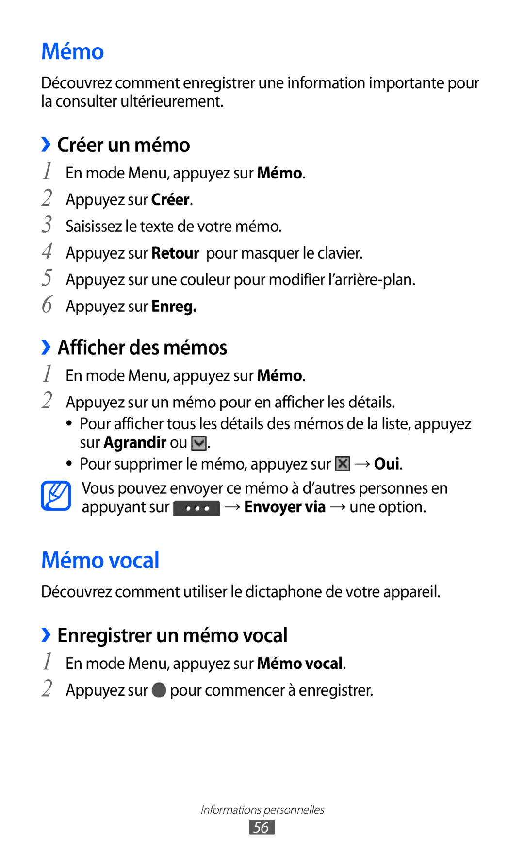 Samsung GT-C6712LKABGL manual Mémo vocal, ››Créer un mémo, ››Afficher des mémos, ››Enregistrer un mémo vocal 