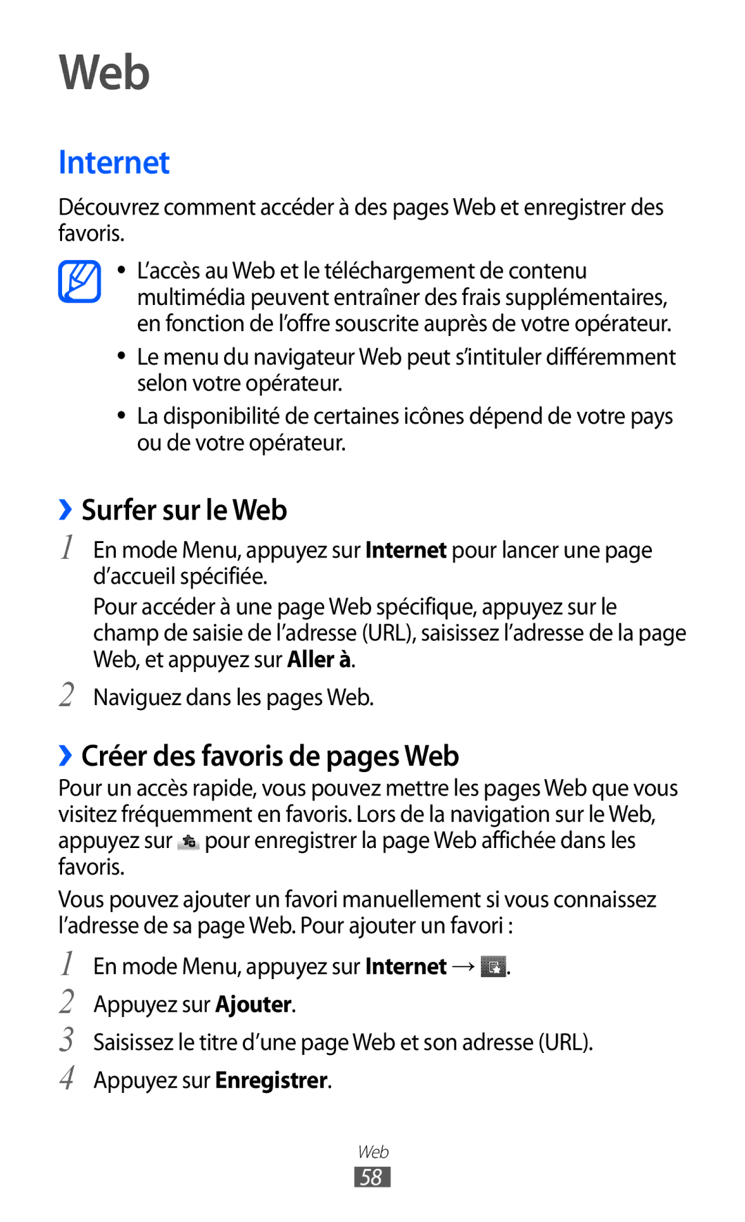 Samsung GT-C6712LKABGL manual Internet, ››Surfer sur le Web, ››Créer des favoris de pages Web 