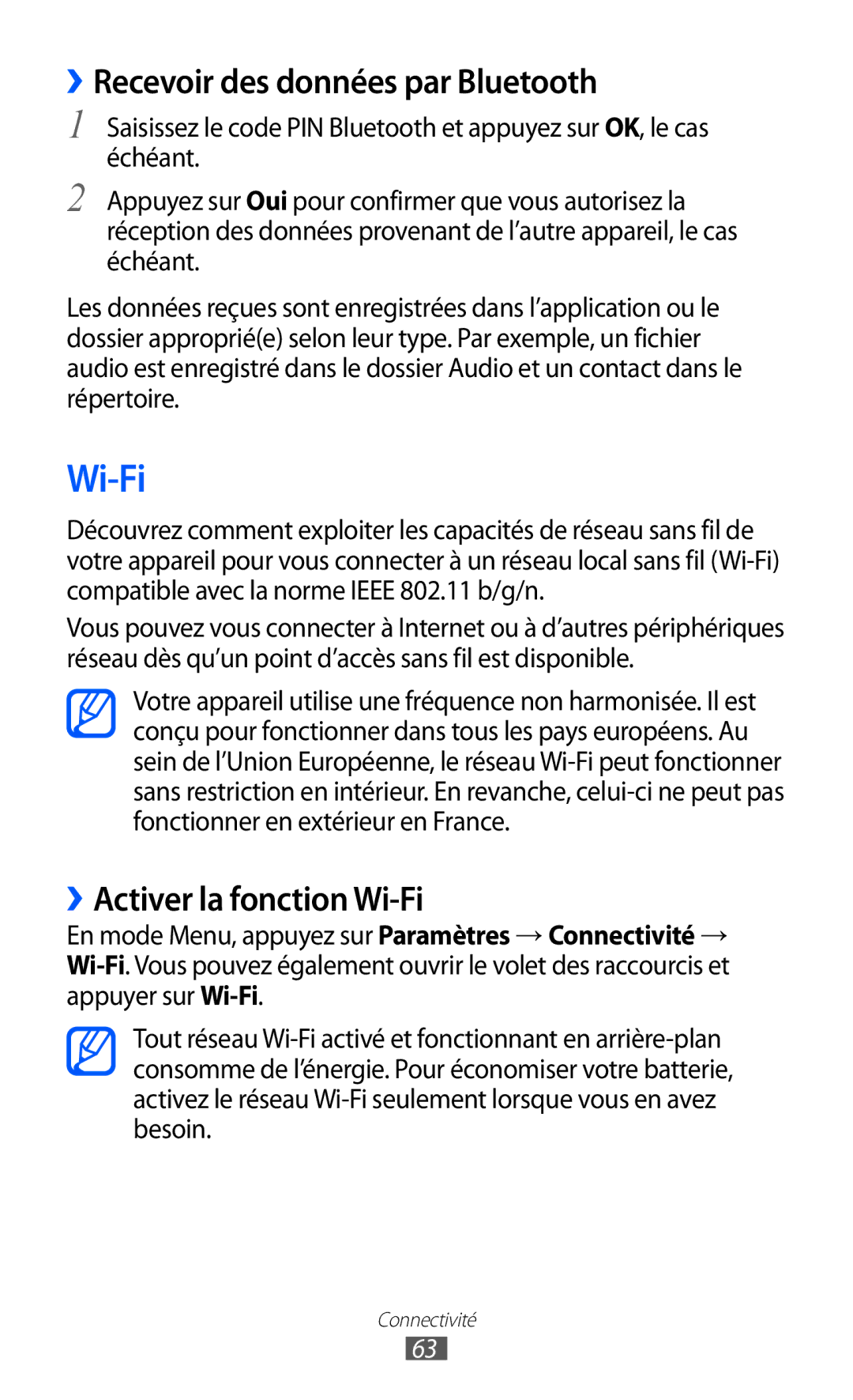 Samsung GT-C6712LKABGL manual ››Recevoir des données par Bluetooth, ››Activer la fonction Wi-Fi 