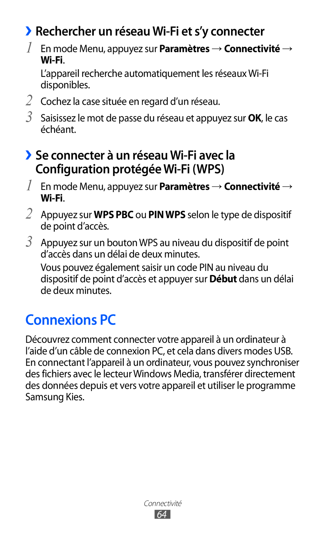 Samsung GT-C6712LKABGL manual Connexions PC, ››Rechercher un réseau Wi-Fi et s’y connecter 