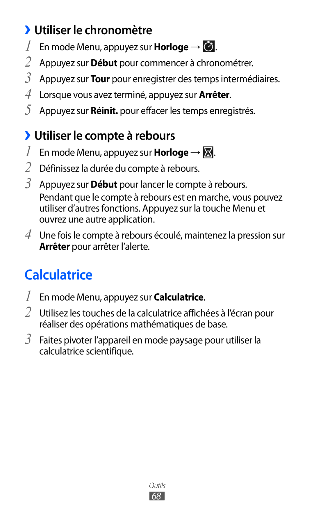 Samsung GT-C6712LKABGL manual Calculatrice, ››Utiliser le chronomètre, ››Utiliser le compte à rebours 