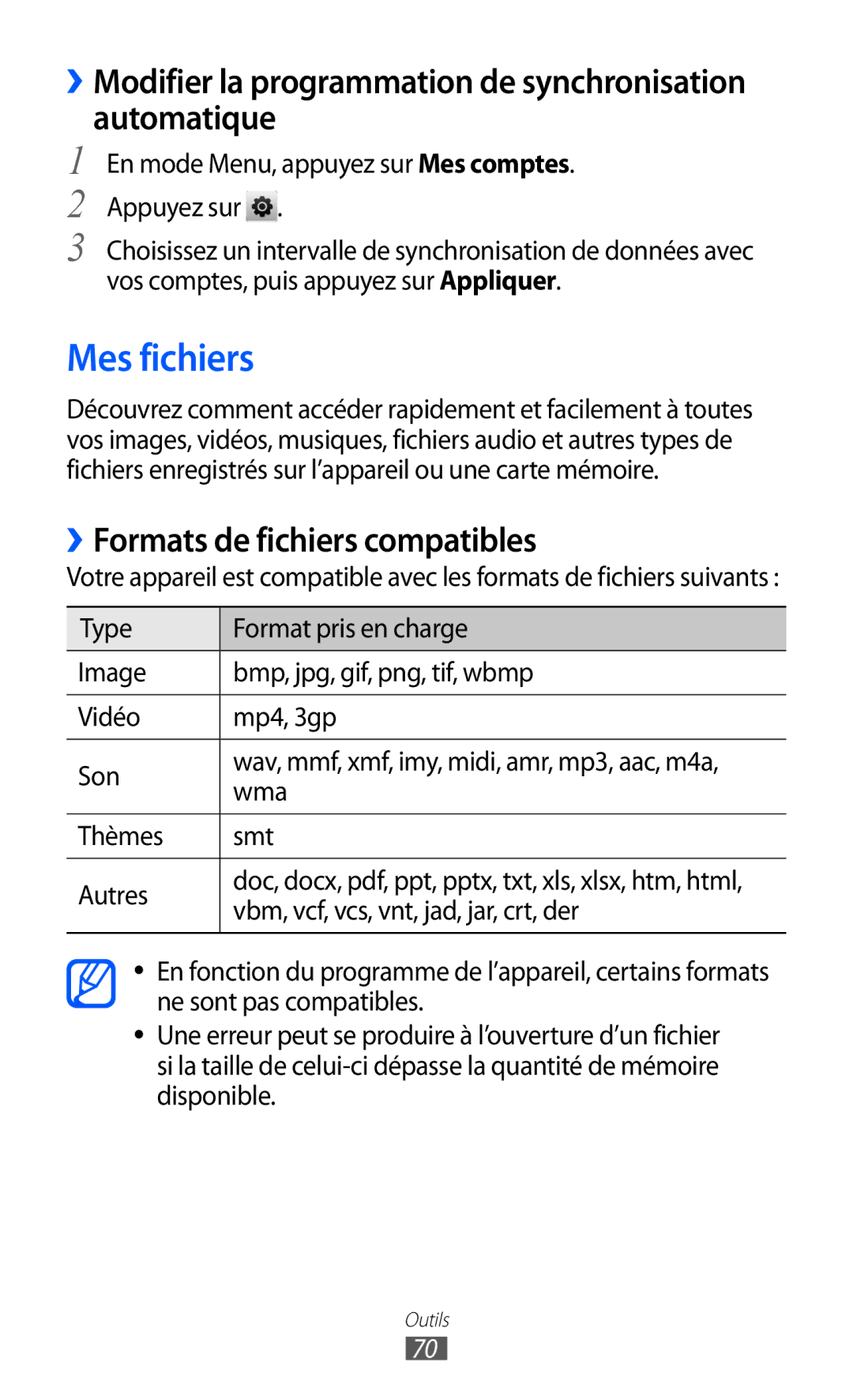 Samsung GT-C6712LKABGL manual Mes fichiers, ››Modifier la programmation de synchronisation automatique 