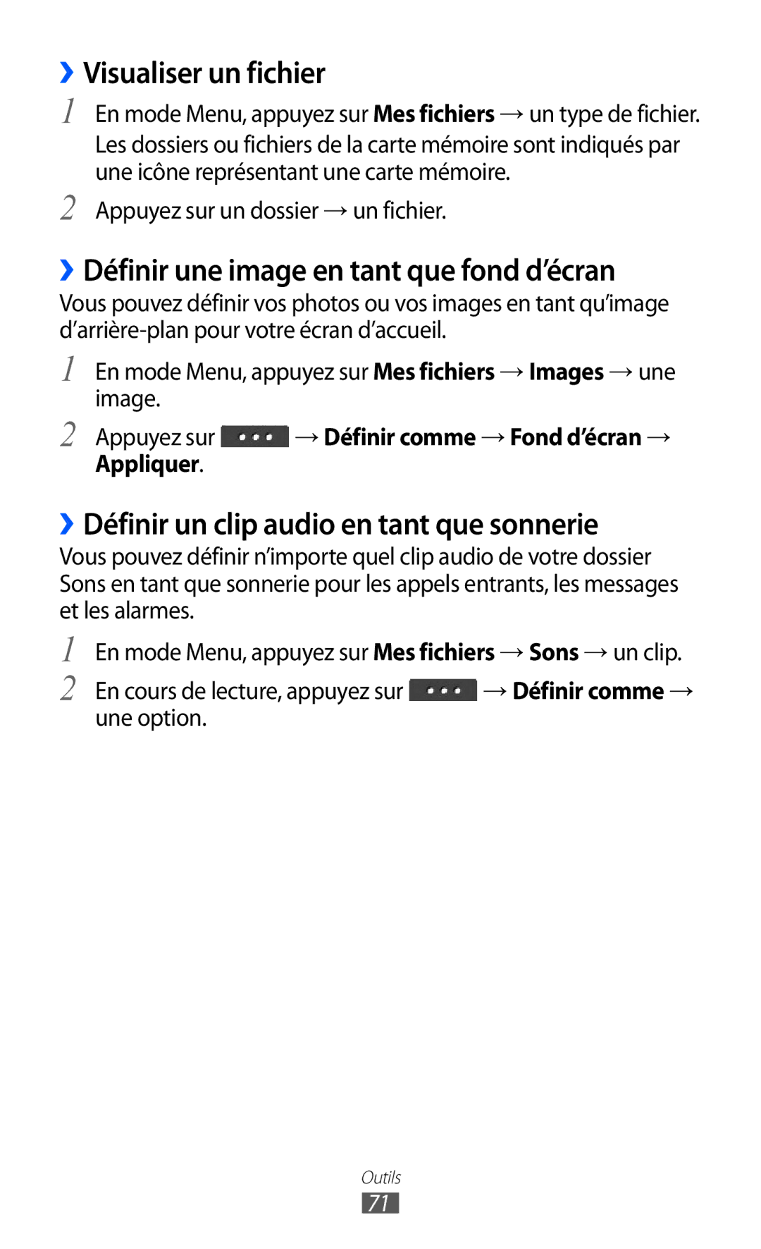 Samsung GT-C6712LKABGL manual ››Visualiser un fichier, ››Définir une image en tant que fond d’écran 
