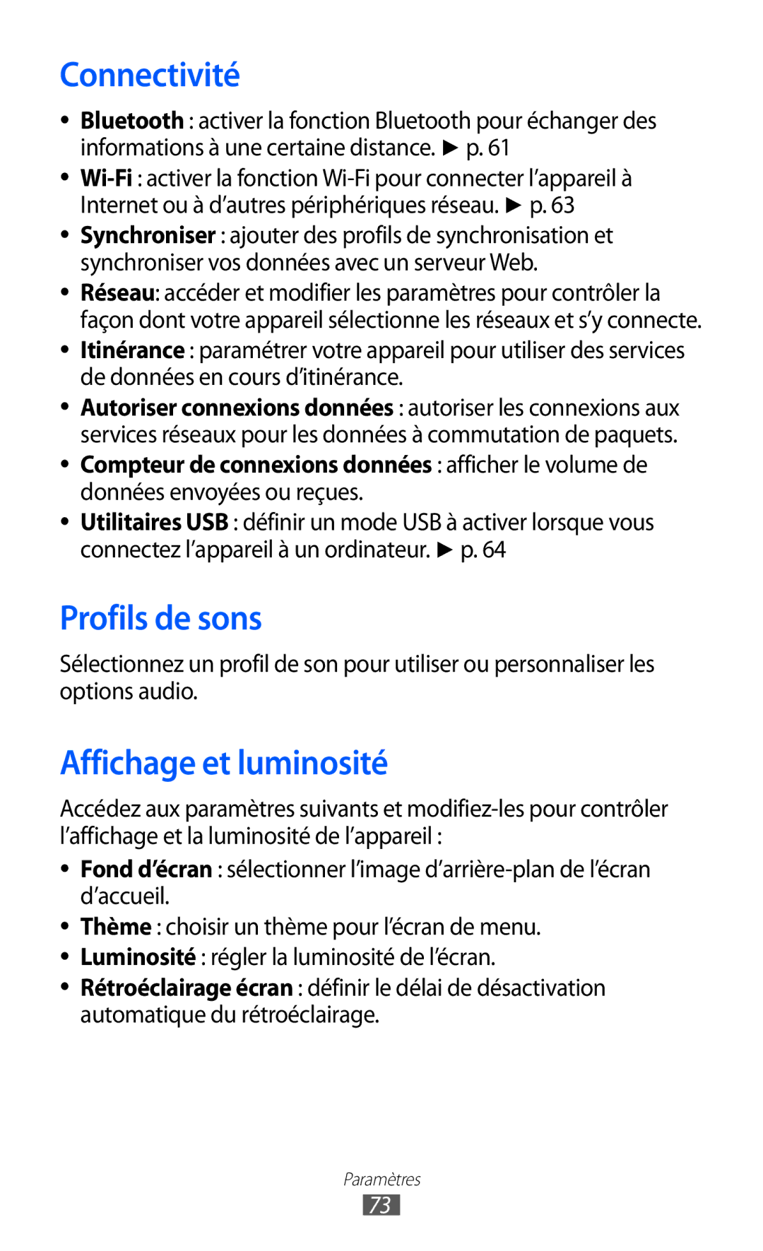 Samsung GT-C6712LKABGL manual Connectivité, Profils de sons, Affichage et luminosité 