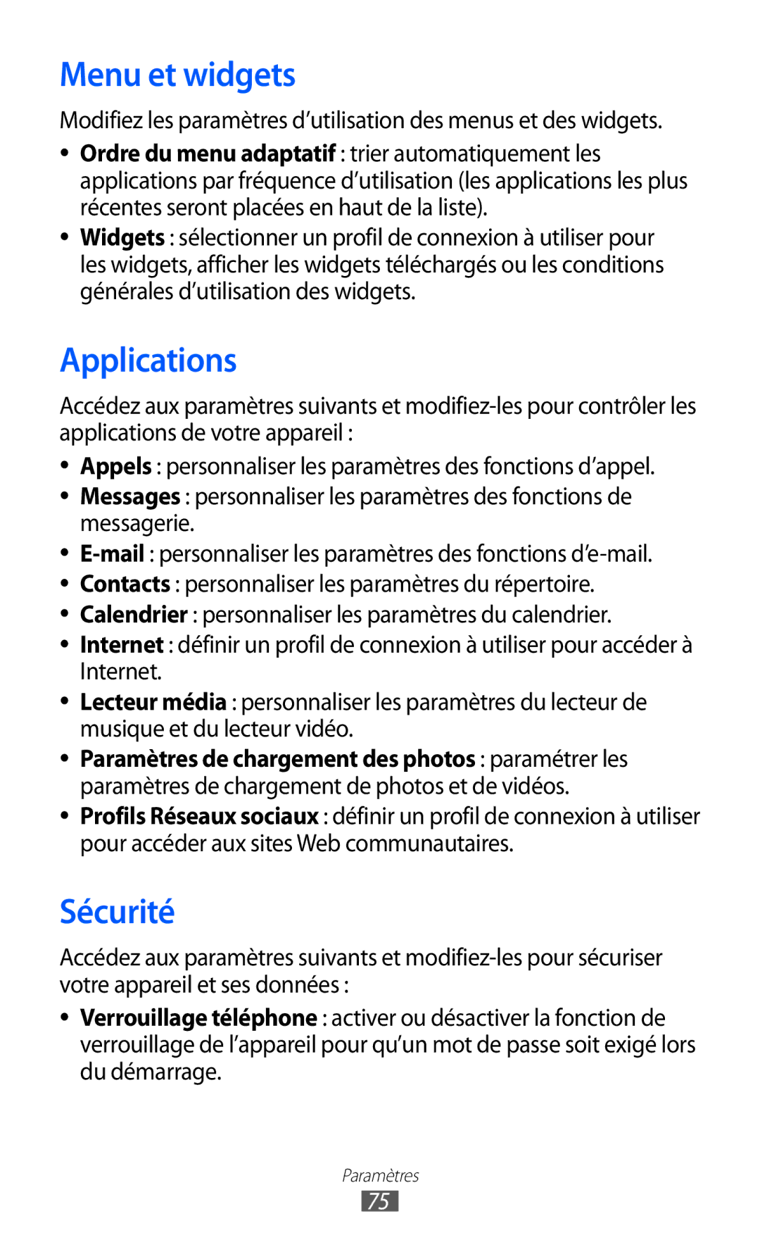 Samsung GT-C6712LKABGL manual Menu et widgets, Applications, Sécurité 