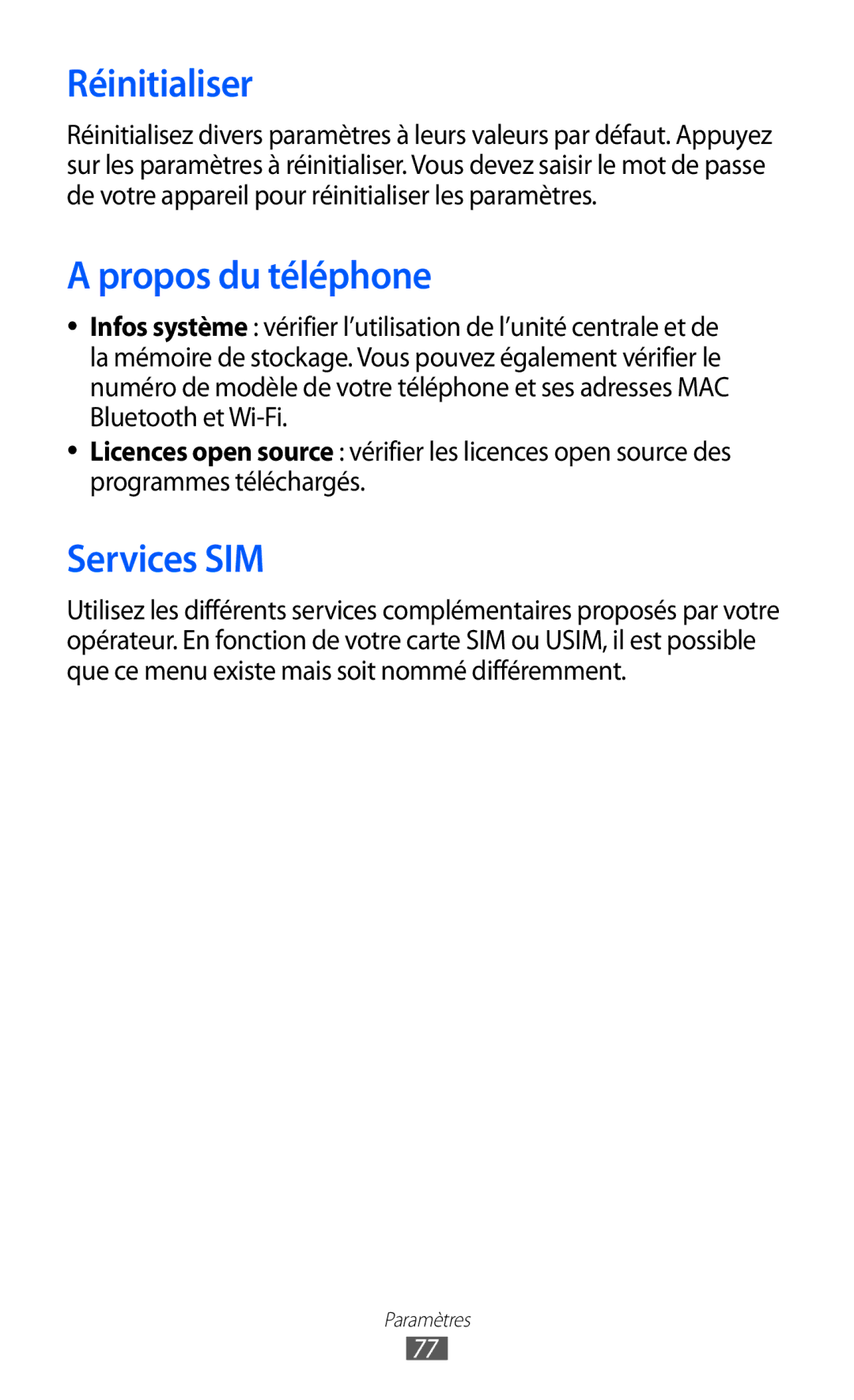 Samsung GT-C6712LKABGL manual Réinitialiser, Propos du téléphone, Services SIM 