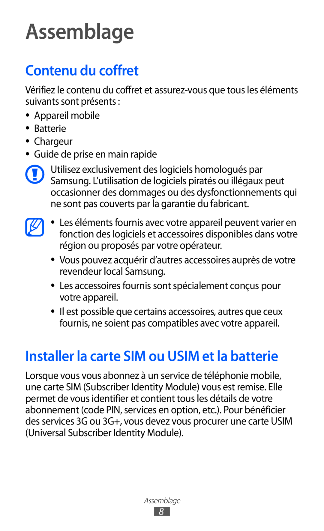 Samsung GT-C6712LKABGL manual Assemblage, Contenu du coffret, Guide de prise en main rapide 