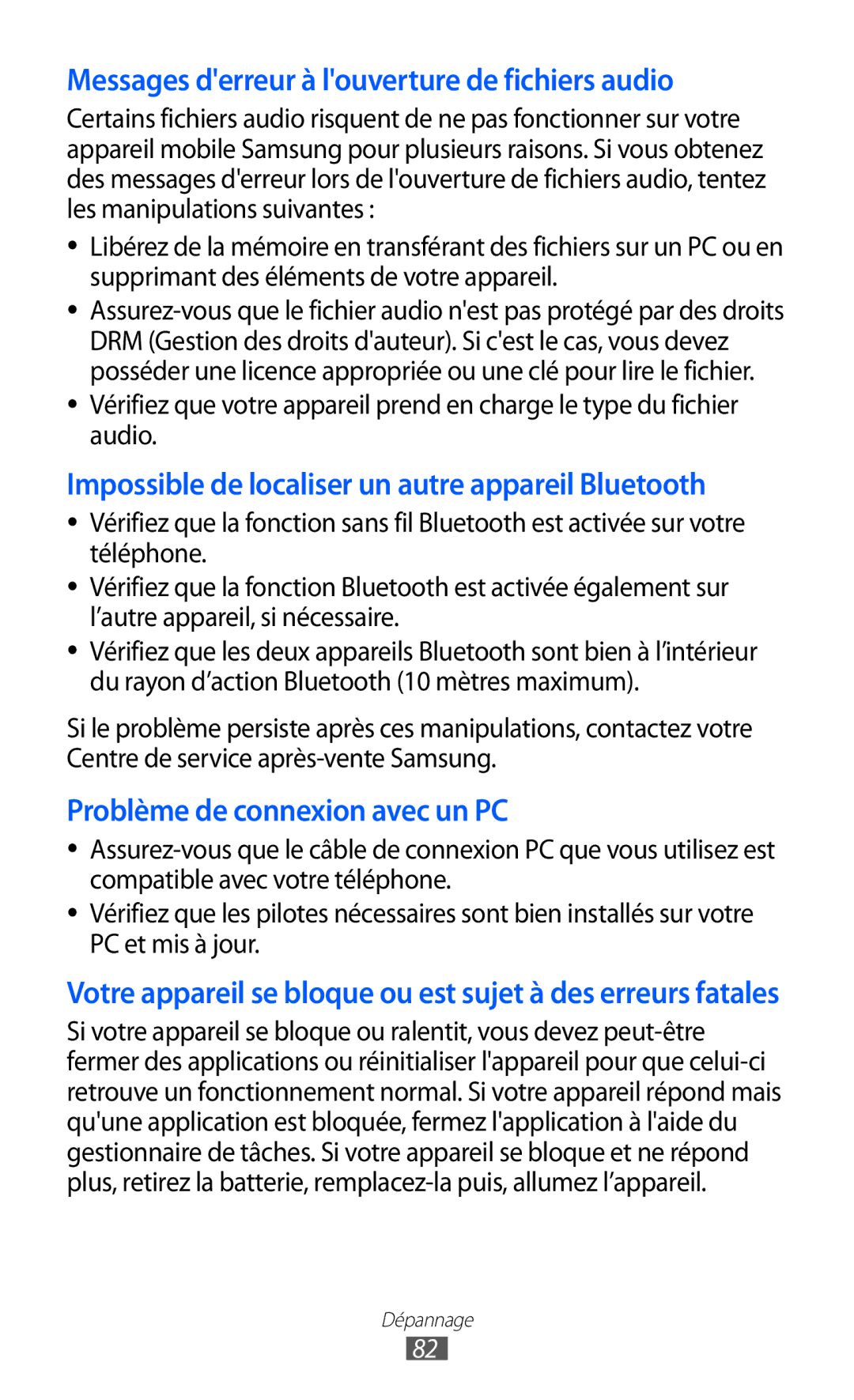 Samsung GT-C6712LKABGL manual Messages derreur à louverture de fichiers audio 