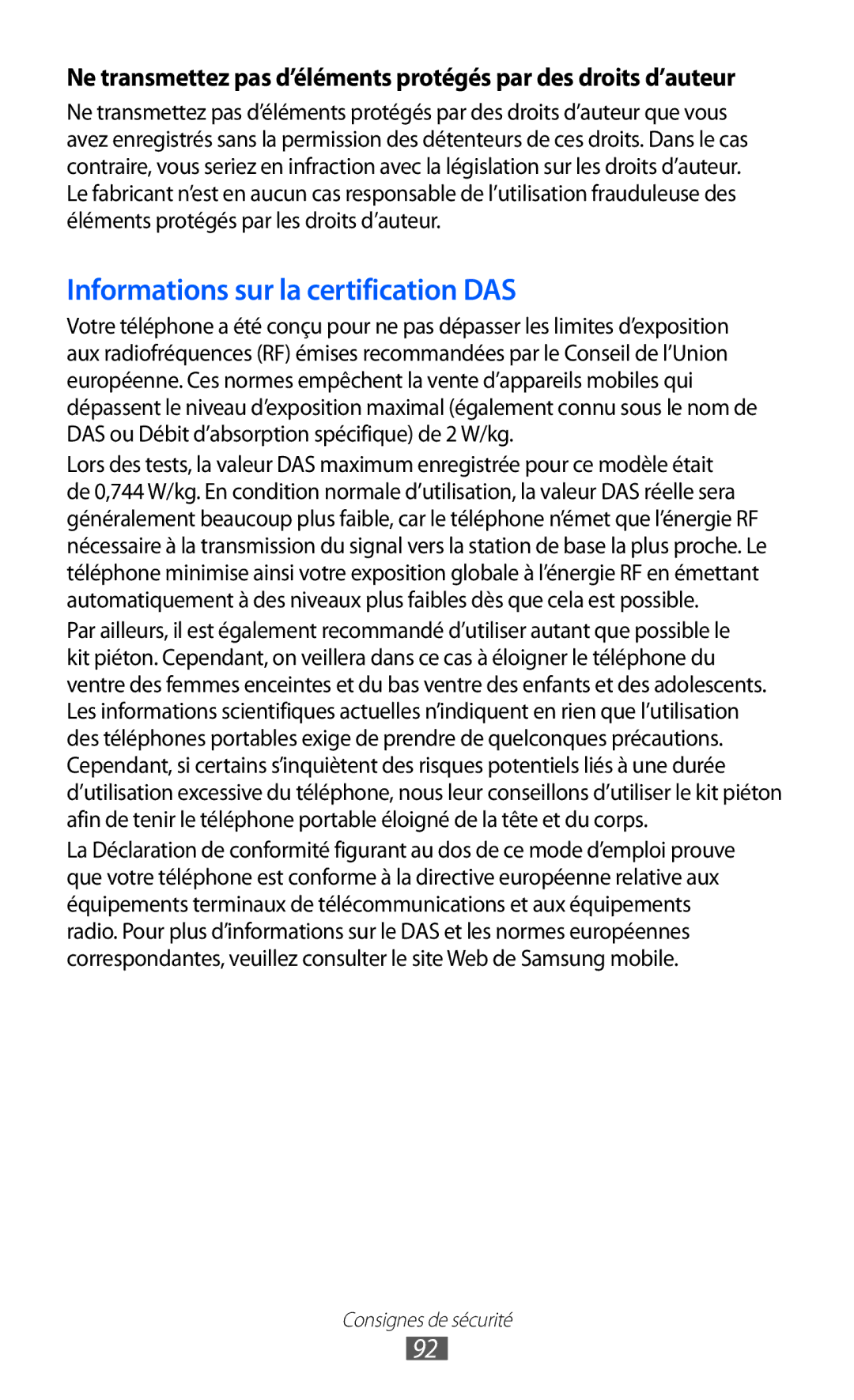 Samsung GT-C6712LKABGL manual Informations sur la certification DAS 