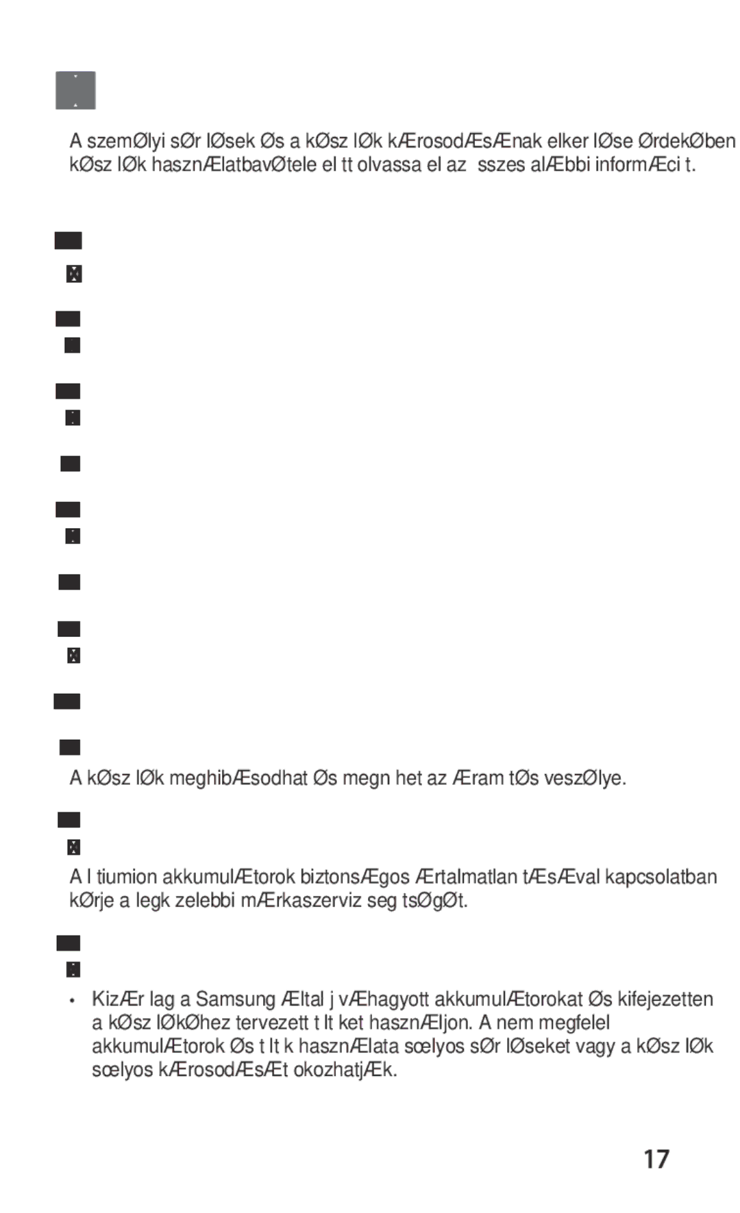 Samsung GT-C6712LKAXEH, GT-C6712LKACIT, GT-C6712LKAAUT, GT-C6712RWAXEH, GT-C6712RWACOA manual Biztonsági rendszabályok 