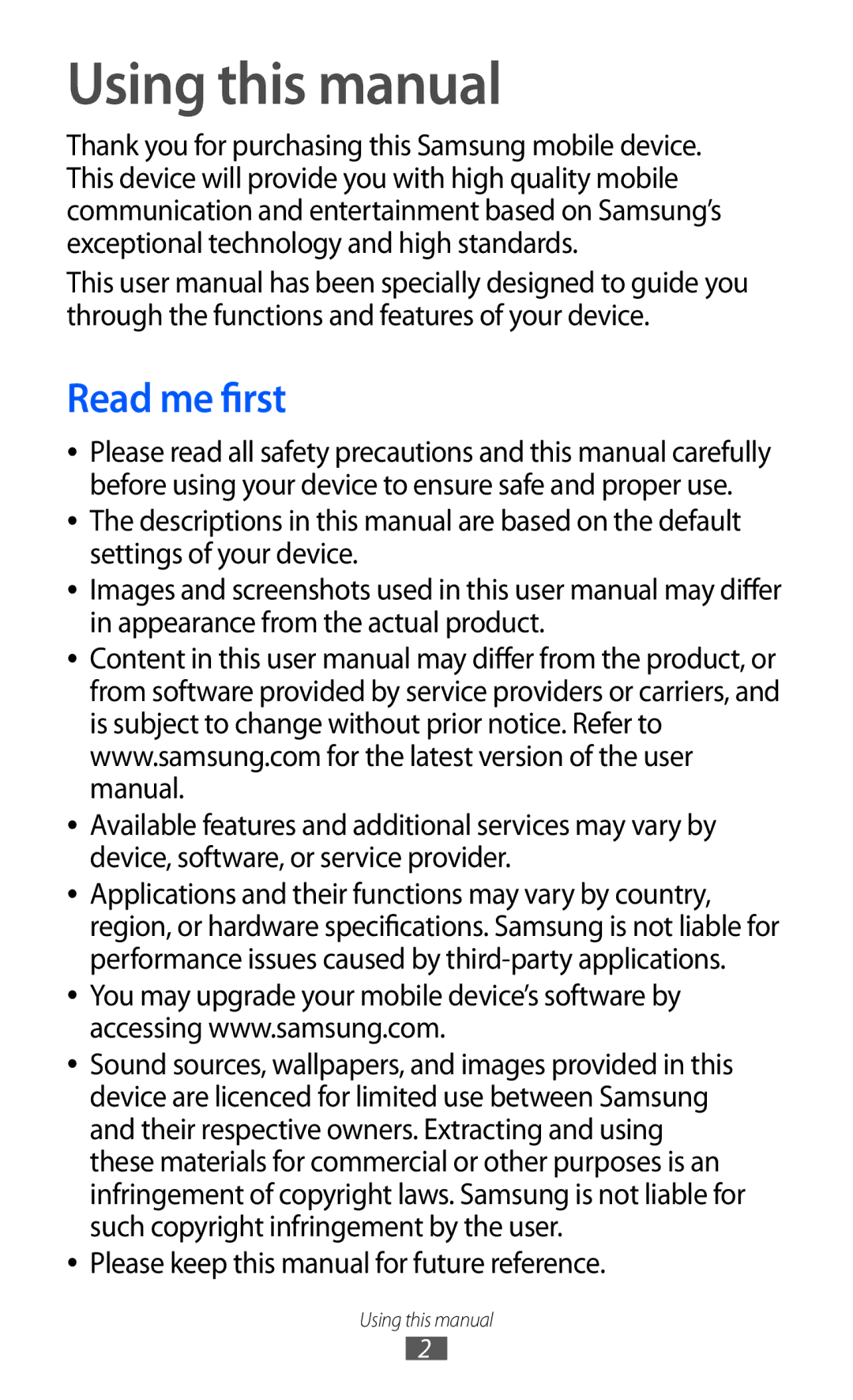 Samsung GT-C6712LKAFOP, GT-C6712LKACIT Using this manual, Read me first, Please keep this manual for future reference 