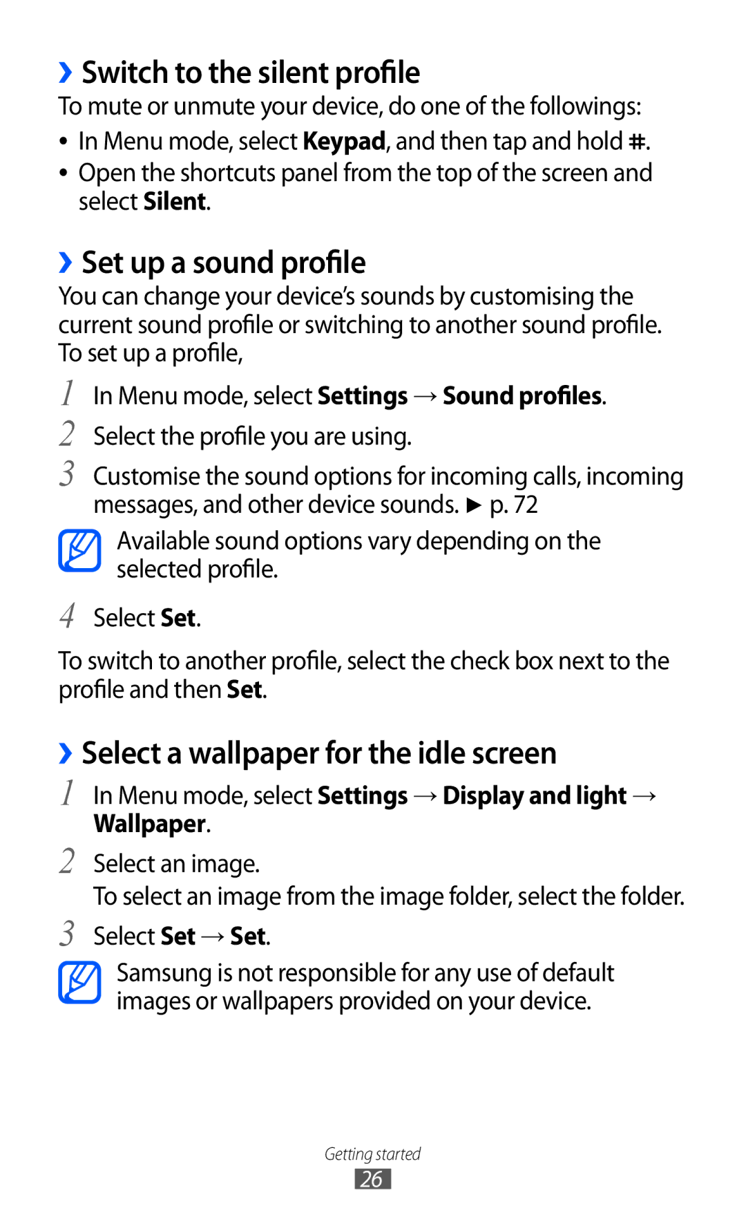 Samsung GT-C6712RWAXEZ ››Switch to the silent profile, ››Set up a sound profile, ››Select a wallpaper for the idle screen 