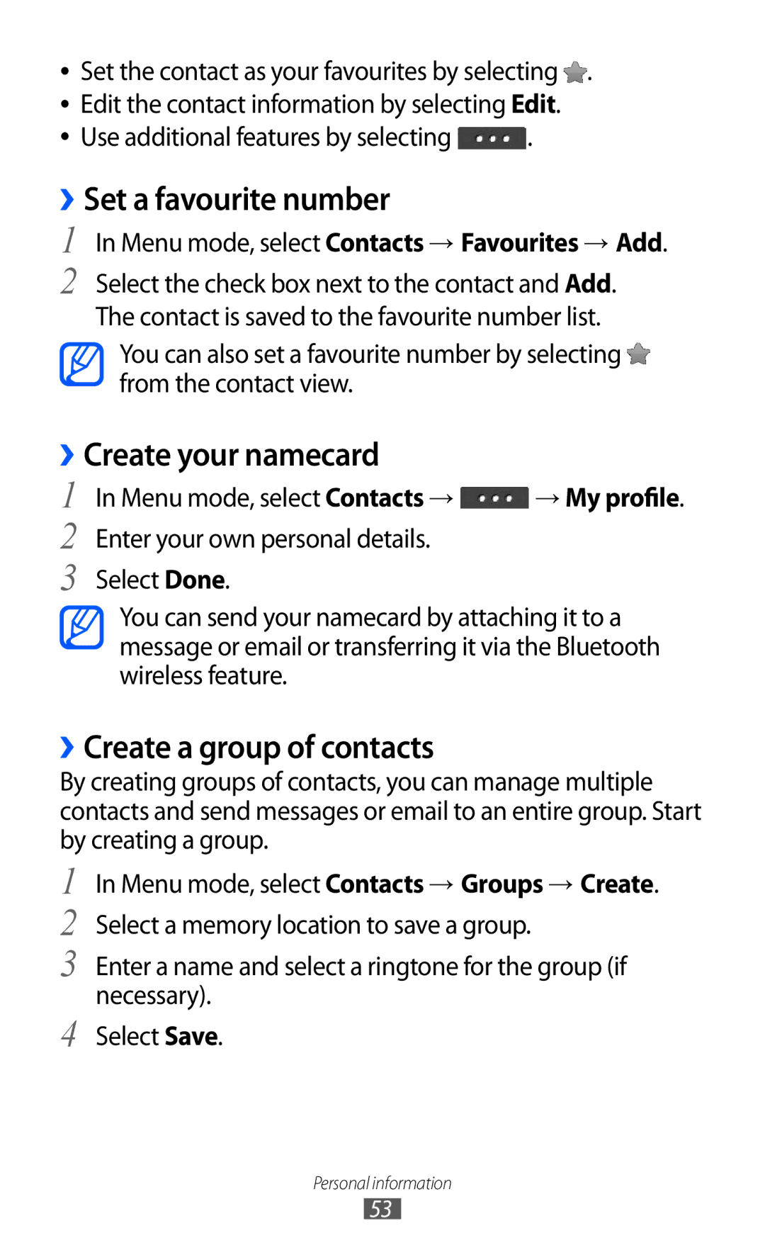 Samsung GT-C6712RWAMID, GT-C6712LKACIT manual ››Set a favourite number, ››Create your namecard, ››Create a group of contacts 