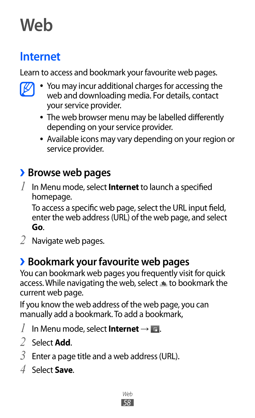 Samsung GT-C6712RWUSKZ, GT-C6712LKACIT manual Web, Internet, ››Browse web pages, ››Bookmark your favourite web pages 