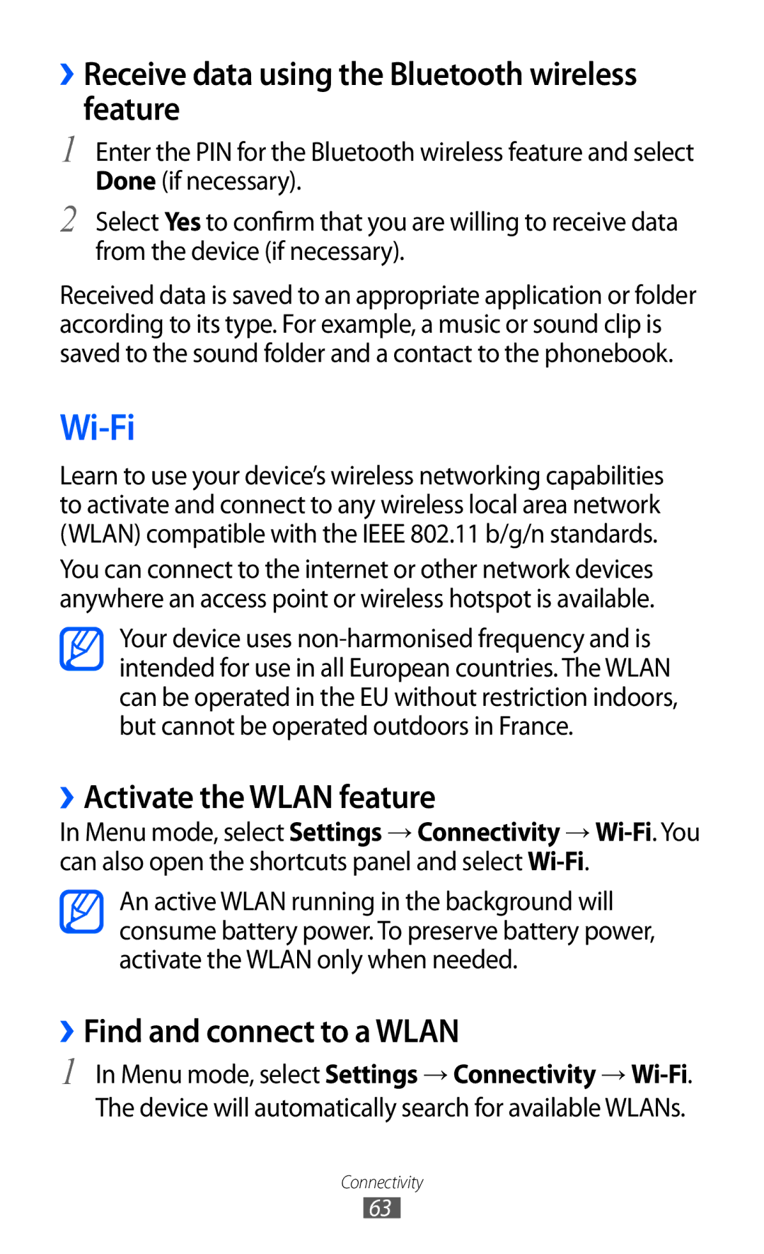 Samsung GT-C6712LKAXSK manual Wi-Fi, ››Receive data using the Bluetooth wireless feature, ››Activate the Wlan feature 