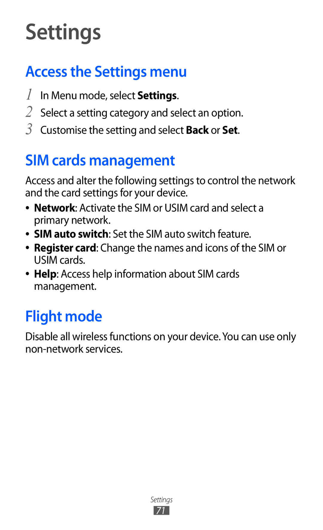 Samsung GT-C6712LKASER manual Access the Settings menu, SIM cards management, Flight mode, Menu mode, select Settings 