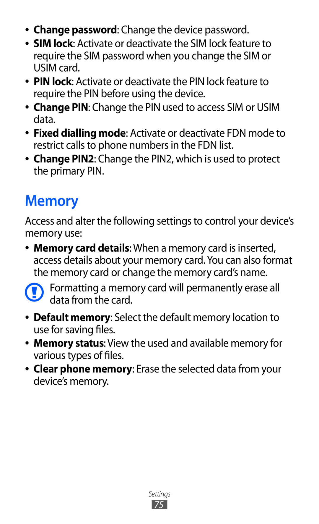 Samsung GT-C6712LKAKSA, GT-C6712LKACIT, GT-C6712RWACIT Memory, Change PIN Change the PIN used to access SIM or Usim data 