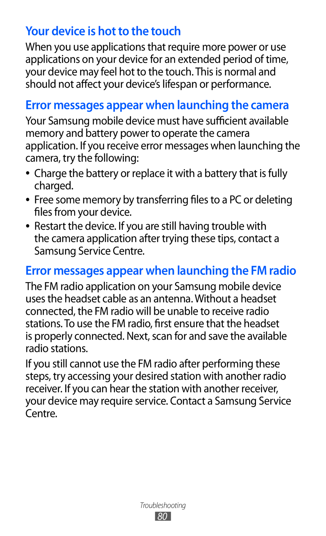 Samsung GT-C6712LKATHR, GT-C6712LKACIT Your device is hot to the touch, Error messages appear when launching the camera 