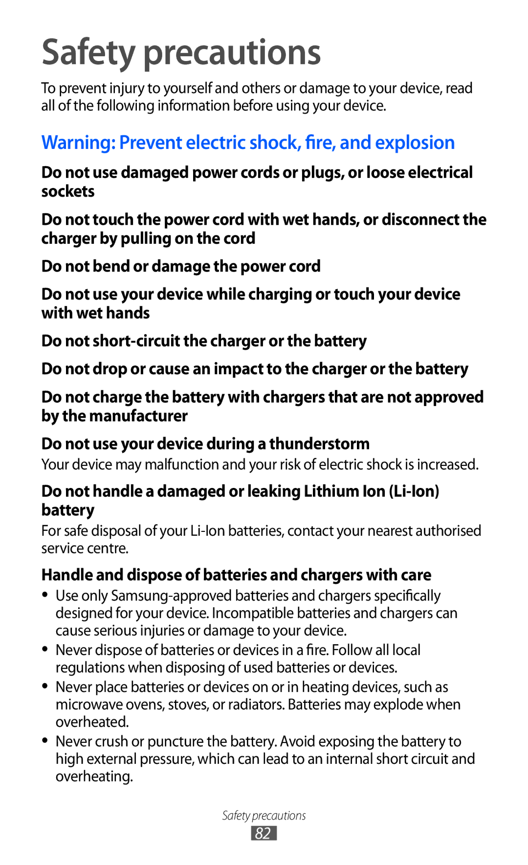 Samsung GT-C6712LKABTC, GT-C6712LKACIT manual Safety precautions, Handle and dispose of batteries and chargers with care 