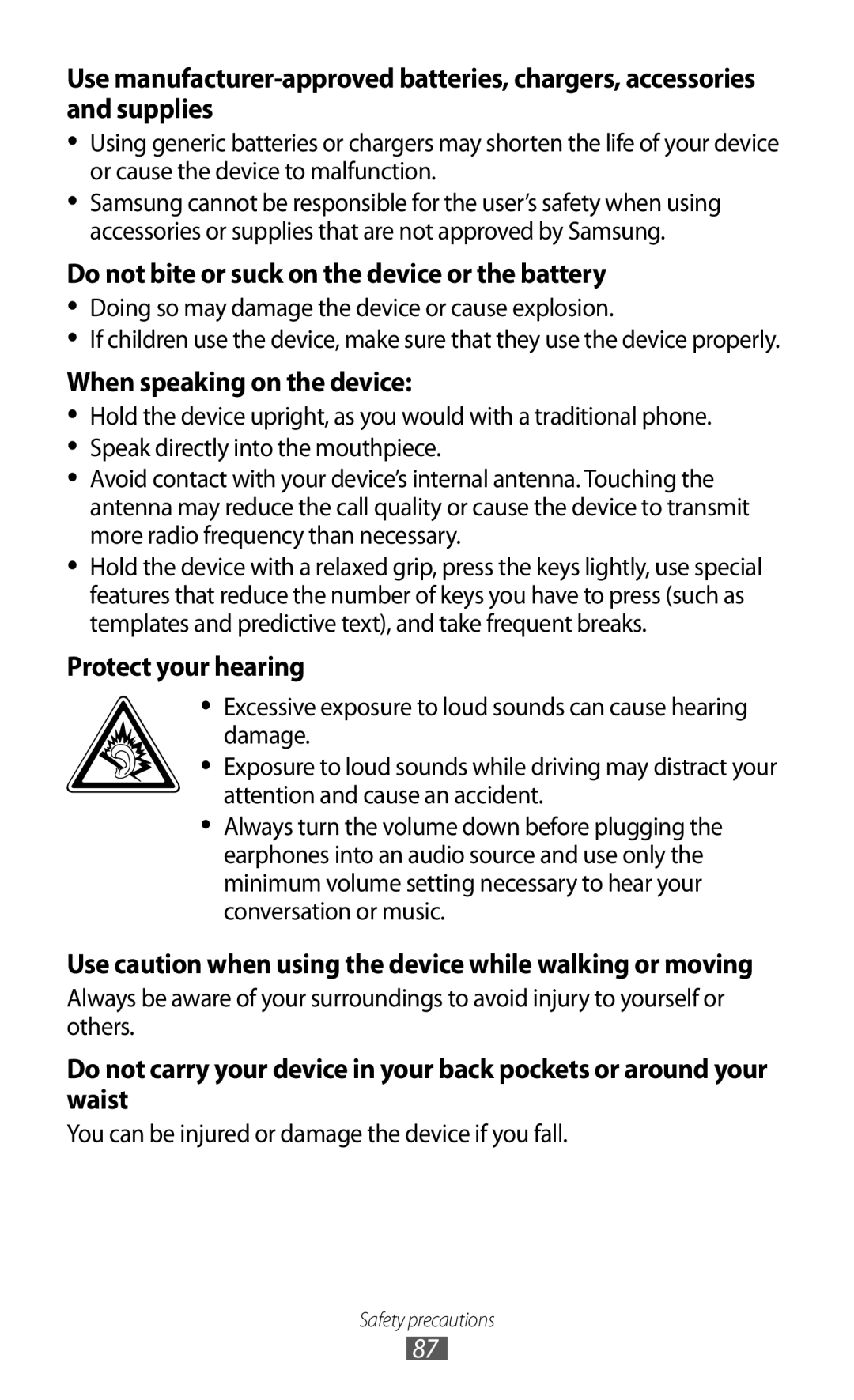 Samsung GT-C6712LKAPAK Do not bite or suck on the device or the battery, When speaking on the device, Protect your hearing 