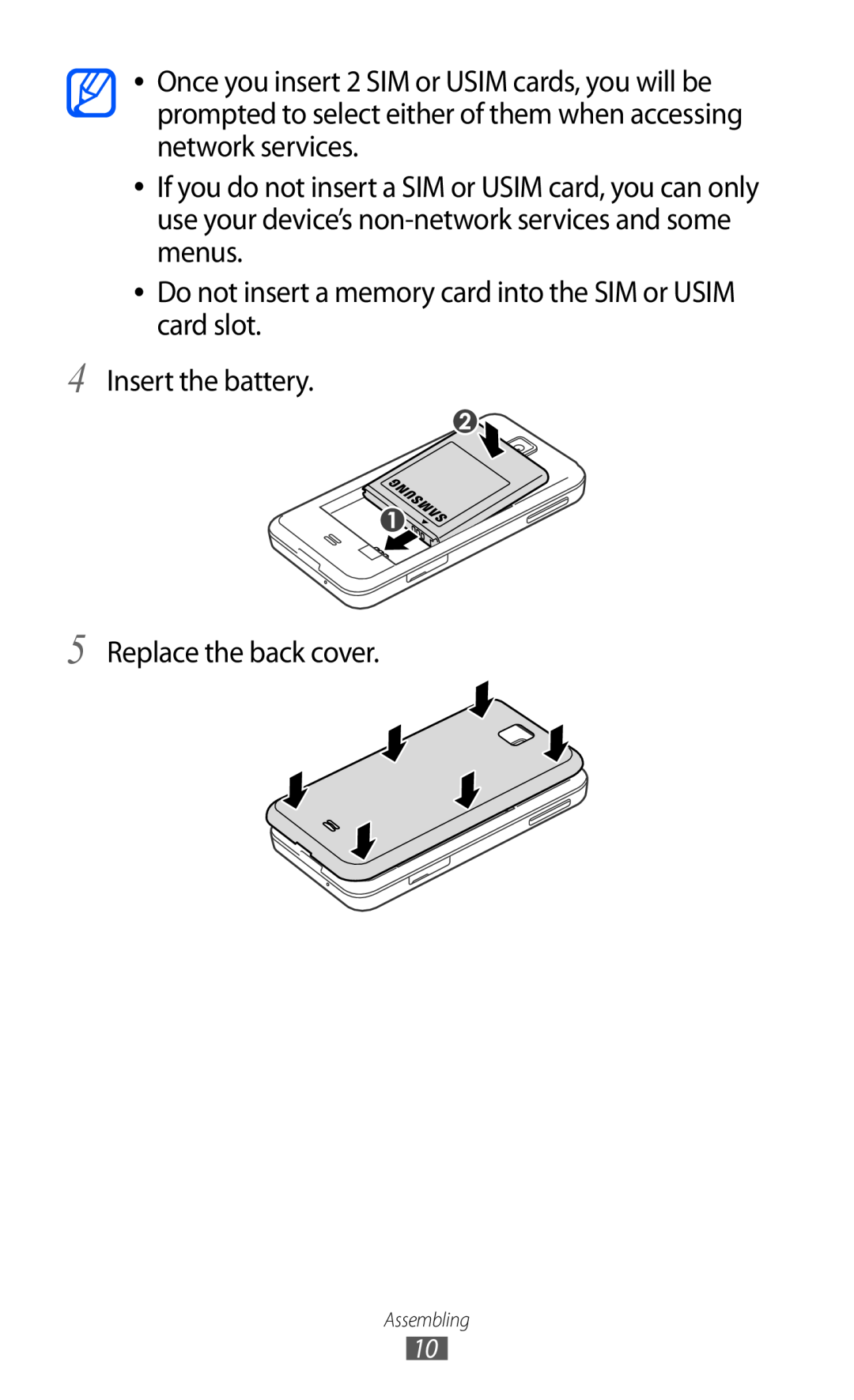 Samsung GT-C6712LKABTC, GT-C6712LKACIT manual Do not insert a memory card into the SIM or USIM card slot, Assembling 