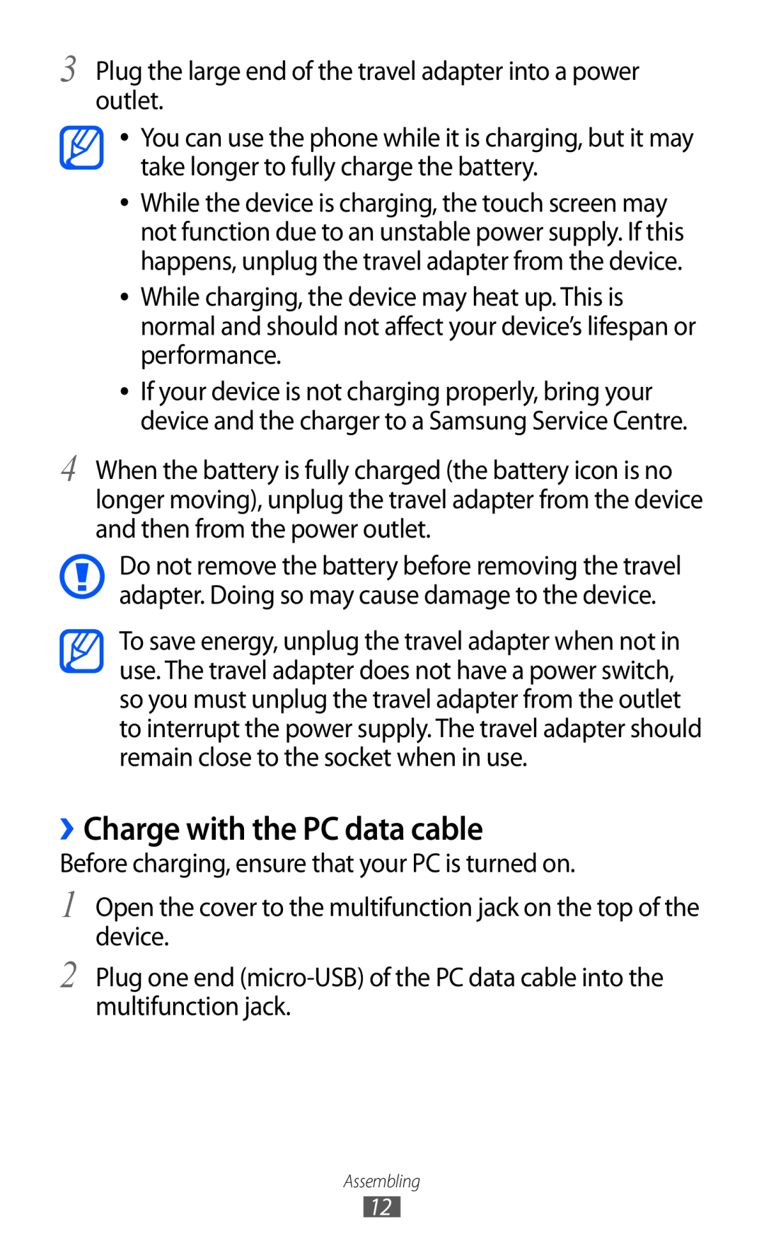 Samsung GT-C6712LKAAFR, GT-C6712LKACIT, GT-C6712RWACIT, GT-C6712LKAFOP, GT-C6712LKAKSA manual ››Charge with the PC data cable 
