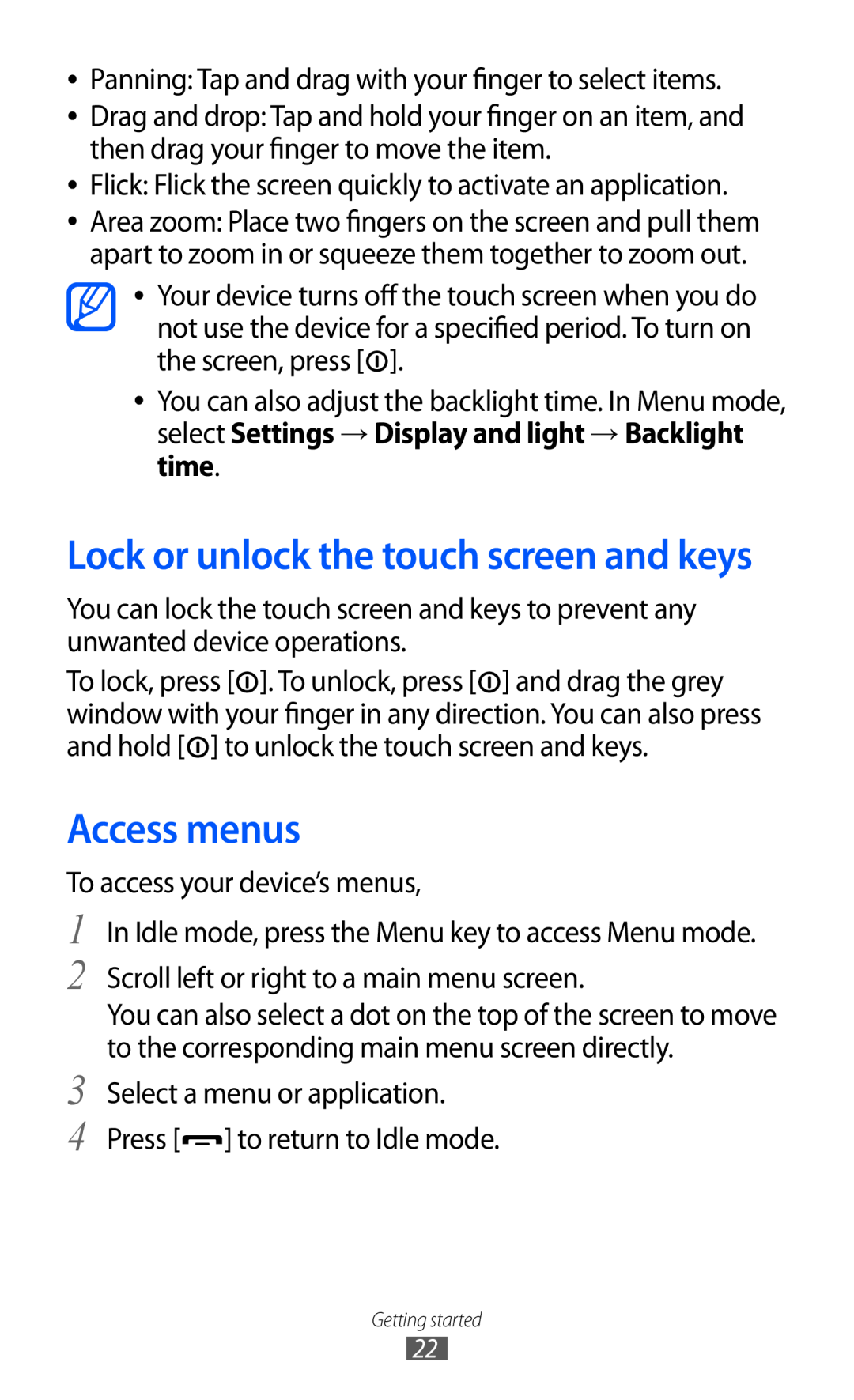 Samsung GT-C6712RWUSKZ, GT-C6712LKACIT, GT-C6712RWACIT manual Access menus, Lock or unlock the touch screen and keys 