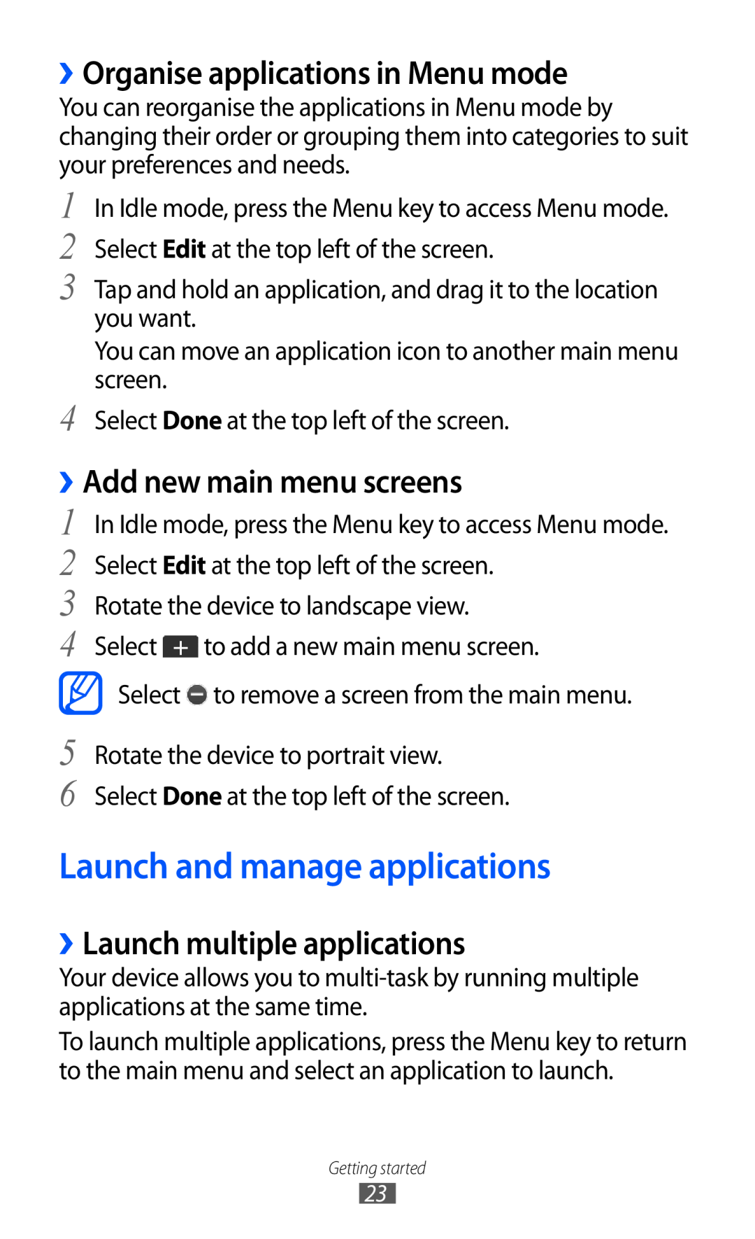 Samsung GT-C6712LKABGL Launch and manage applications, ››Organise applications in Menu mode, ››Add new main menu screens 