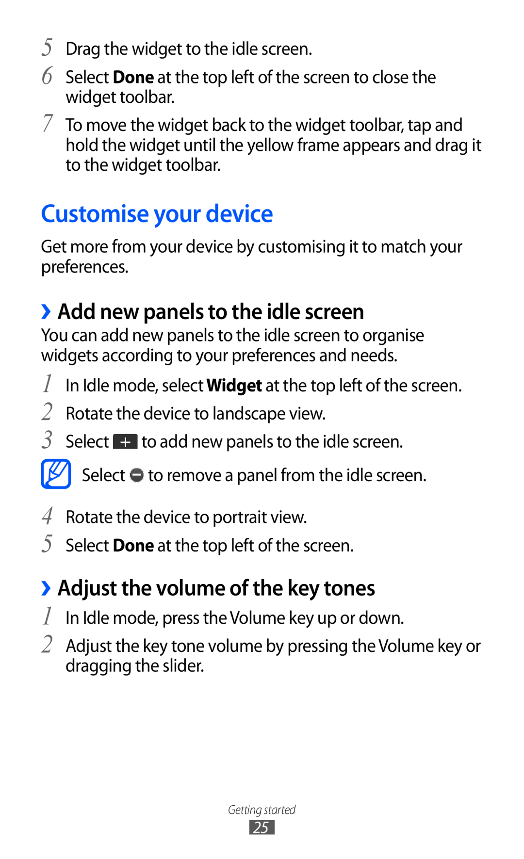 Samsung GT-C6712LKAXEZ Customise your device, ››Add new panels to the idle screen, ››Adjust the volume of the key tones 