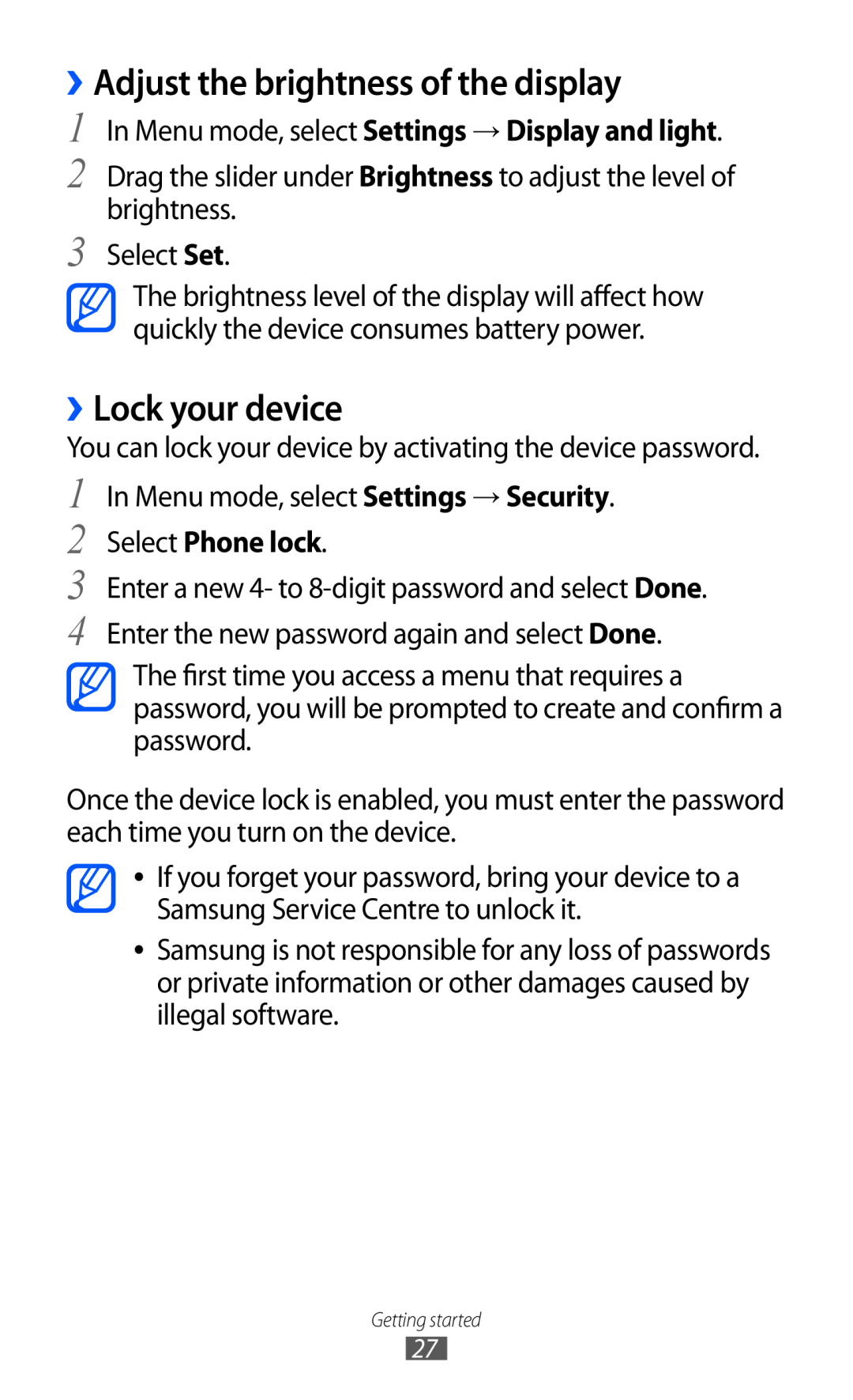 Samsung GT-C6712LKAXSK, GT-C6712LKACIT manual ››Adjust the brightness of the display, ››Lock your device, Select Phone lock 
