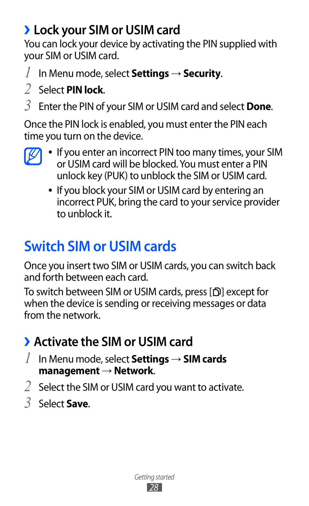 Samsung GT-C6712RWASEB manual Switch SIM or USIM cards, ››Lock your SIM or USIM card, ››Activate the SIM or USIM card 