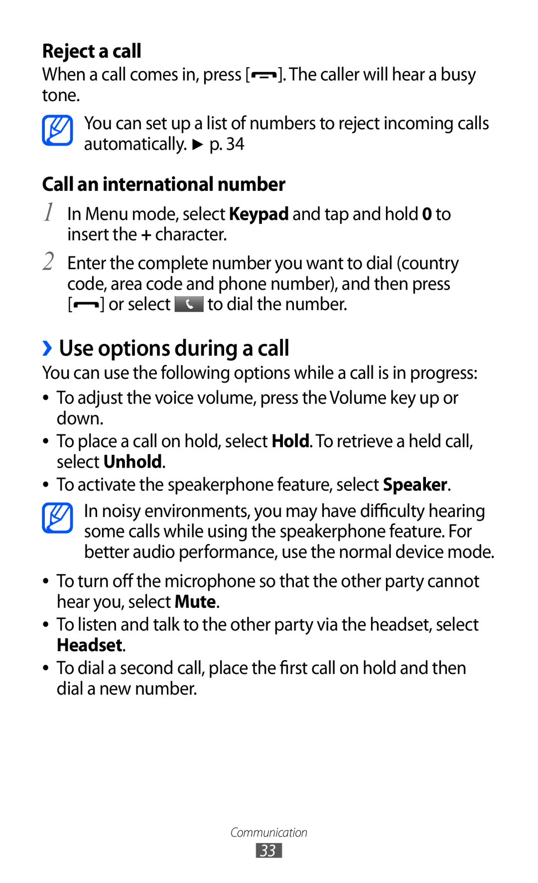 Samsung GT-C6712RWASER, GT-C6712LKACIT manual ››Use options during a call, Reject a call, Call an international number 
