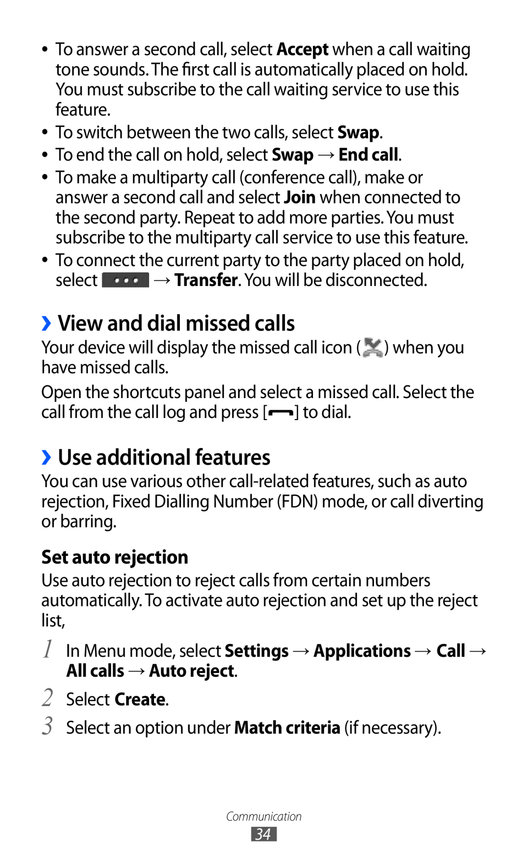 Samsung GT-C6712XKASER, GT-C6712LKACIT manual ››View and dial missed calls, ››Use additional features, Set auto rejection 