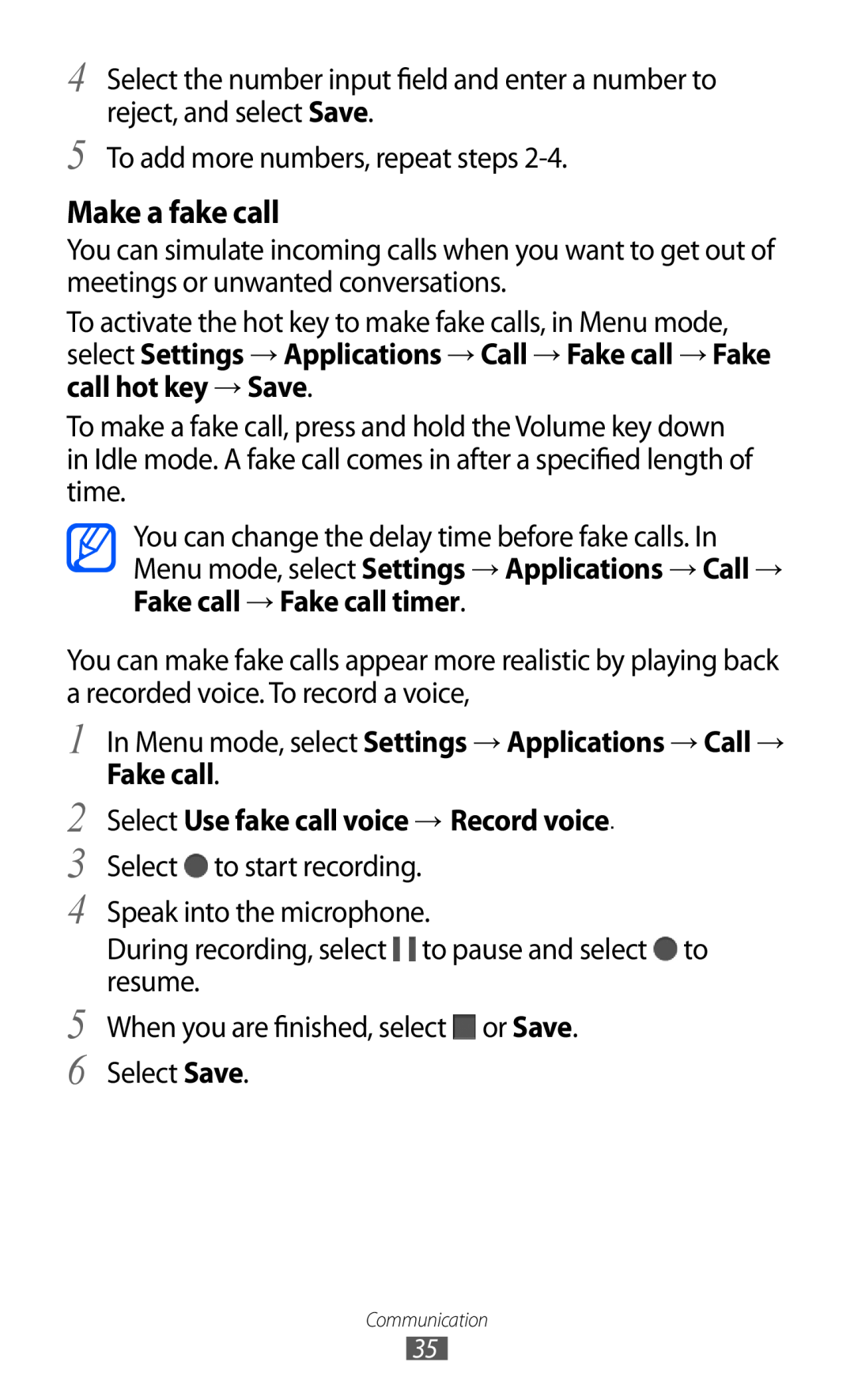 Samsung GT-C6712LKASER, GT-C6712LKACIT Make a fake call, In Menu mode, select Settings → Applications → Call → Fake call 