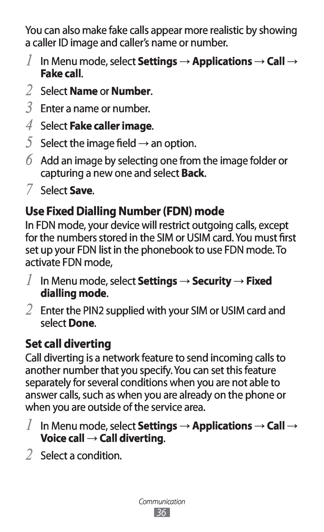 Samsung GT-C6712LKACIT, GT-C6712RWACIT Use Fixed Dialling Number FDN mode, Set call diverting, Select Fake caller image 