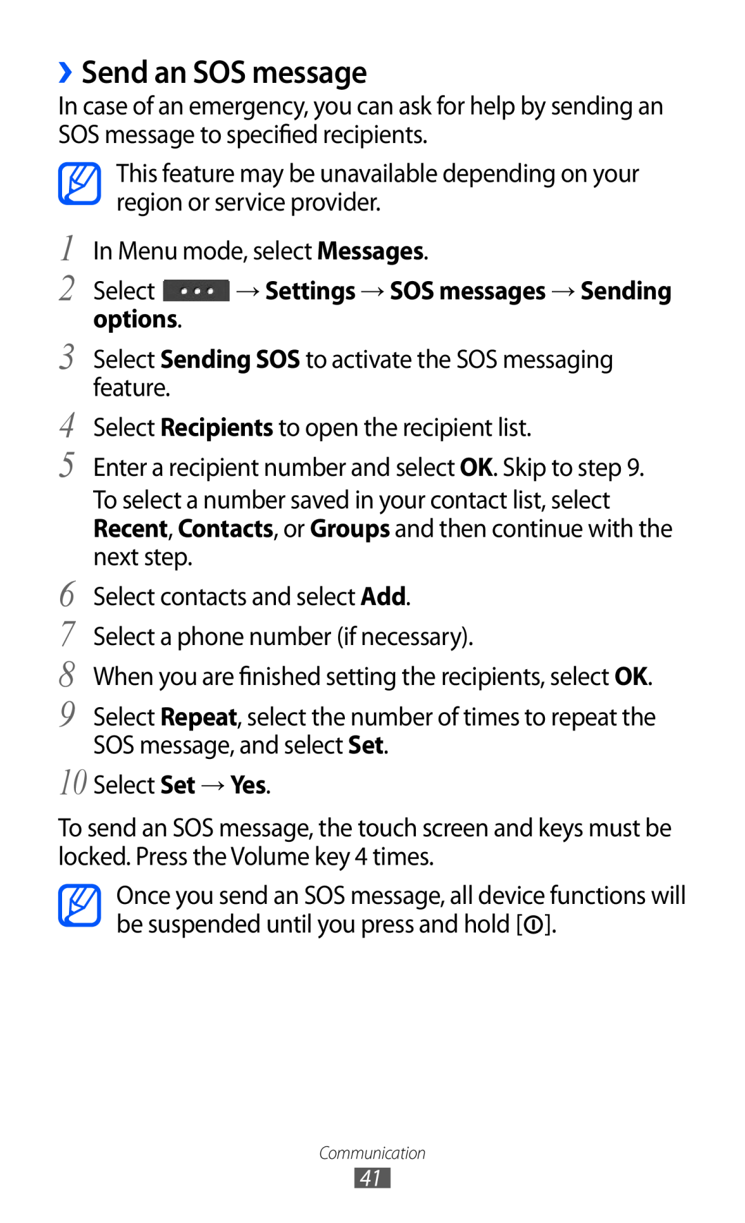 Samsung GT-C6712LKAAFG, GT-C6712LKACIT, GT-C6712RWACIT, GT-C6712LKAFOP, GT-C6712LKAKSA manual ››Send an SOS message, options 