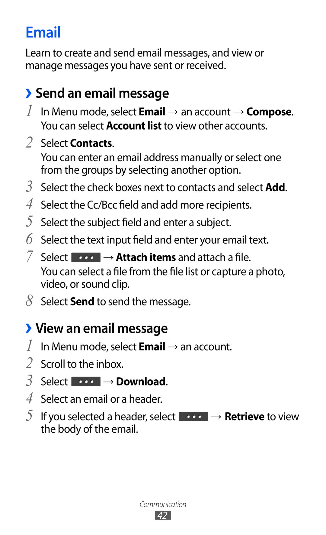 Samsung GT-C6712LKAEGY, GT-C6712LKACIT, GT-C6712RWACIT manual Email, ››Send an email message, ››View an email message 