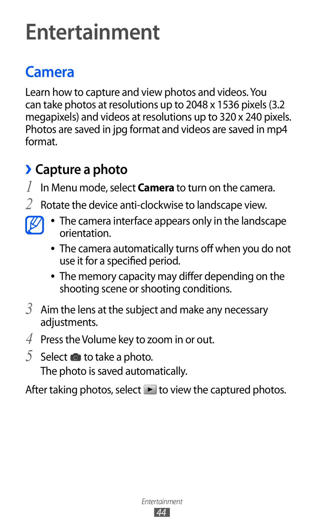 Samsung GT-C6712LKATHR, GT-C6712LKACIT, GT-C6712RWACIT, GT-C6712LKAFOP manual Entertainment, Camera, ››Capture a photo 