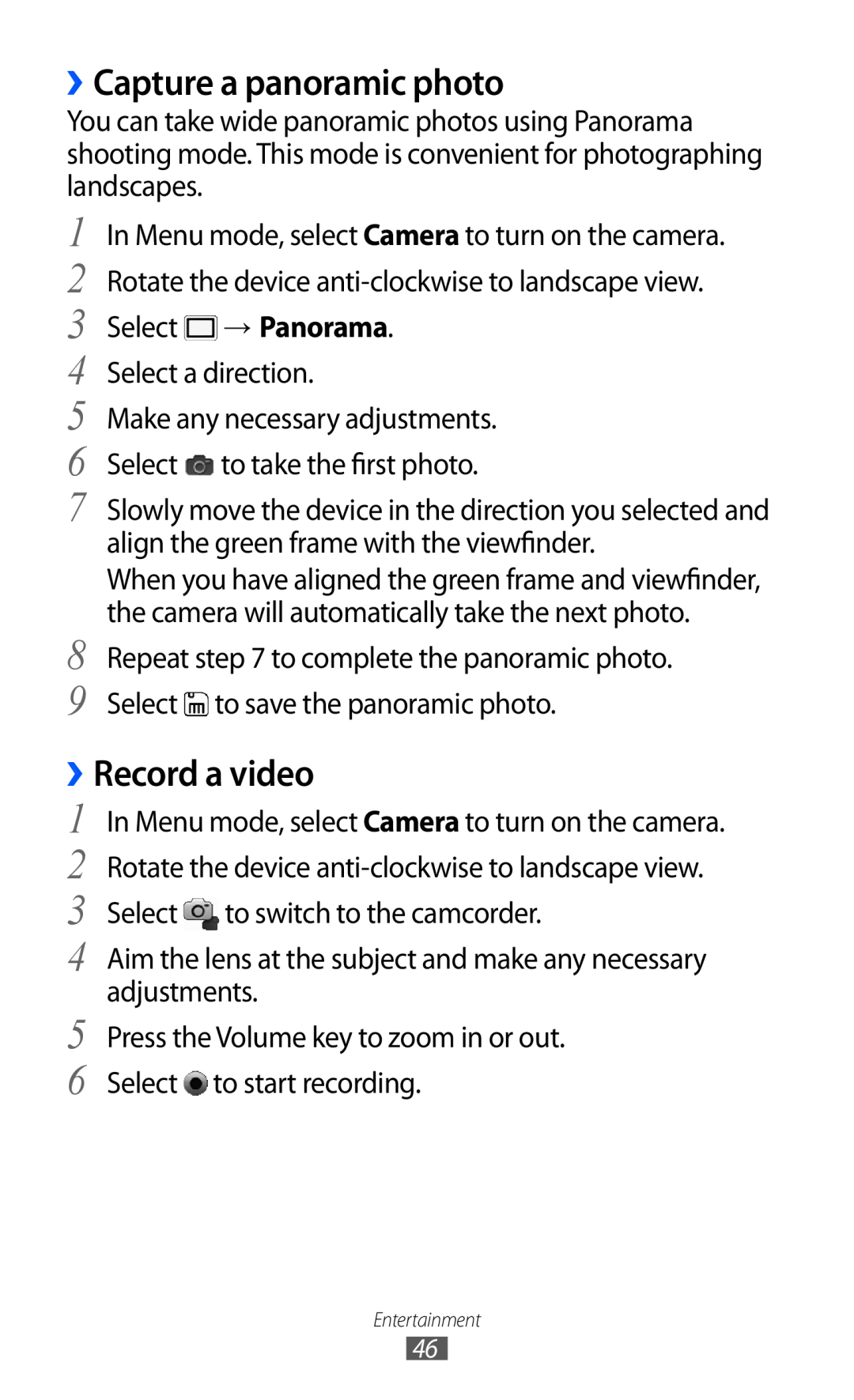 Samsung GT-C6712LKABTC, GT-C6712LKACIT, GT-C6712RWACIT, GT-C6712LKAFOP manual ››Capture a panoramic photo, ››Record a video 