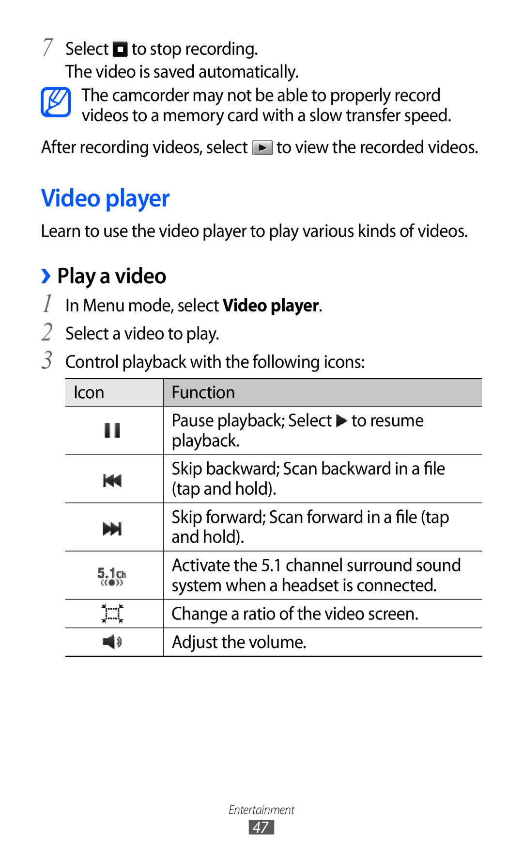 Samsung GT-C6712RWABTC, GT-C6712LKACIT, GT-C6712RWACIT, GT-C6712LKAFOP, GT-C6712LKAKSA manual Video player, ››Play a video 