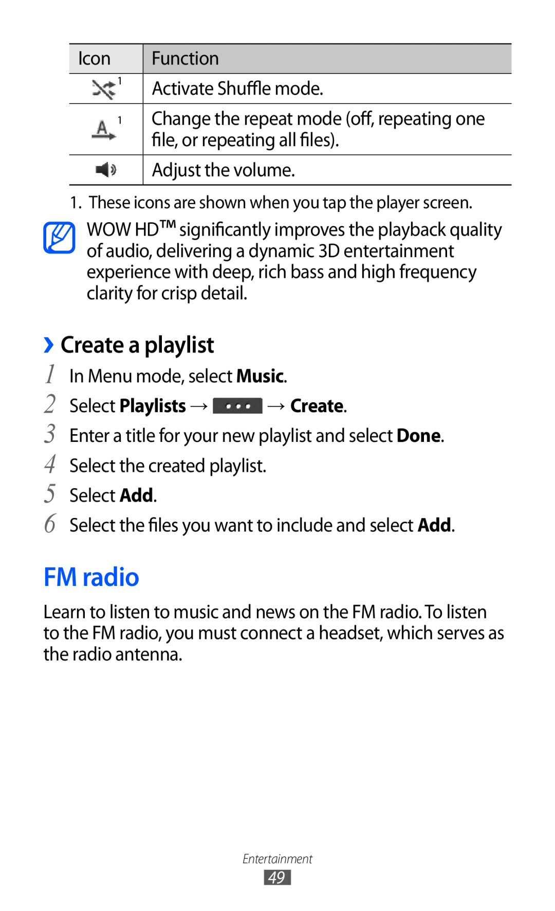 Samsung GT-C6712LKATMC, GT-C6712LKACIT, GT-C6712RWACIT manual FM radio, ››Create a playlist, Select Playlists → → Create 