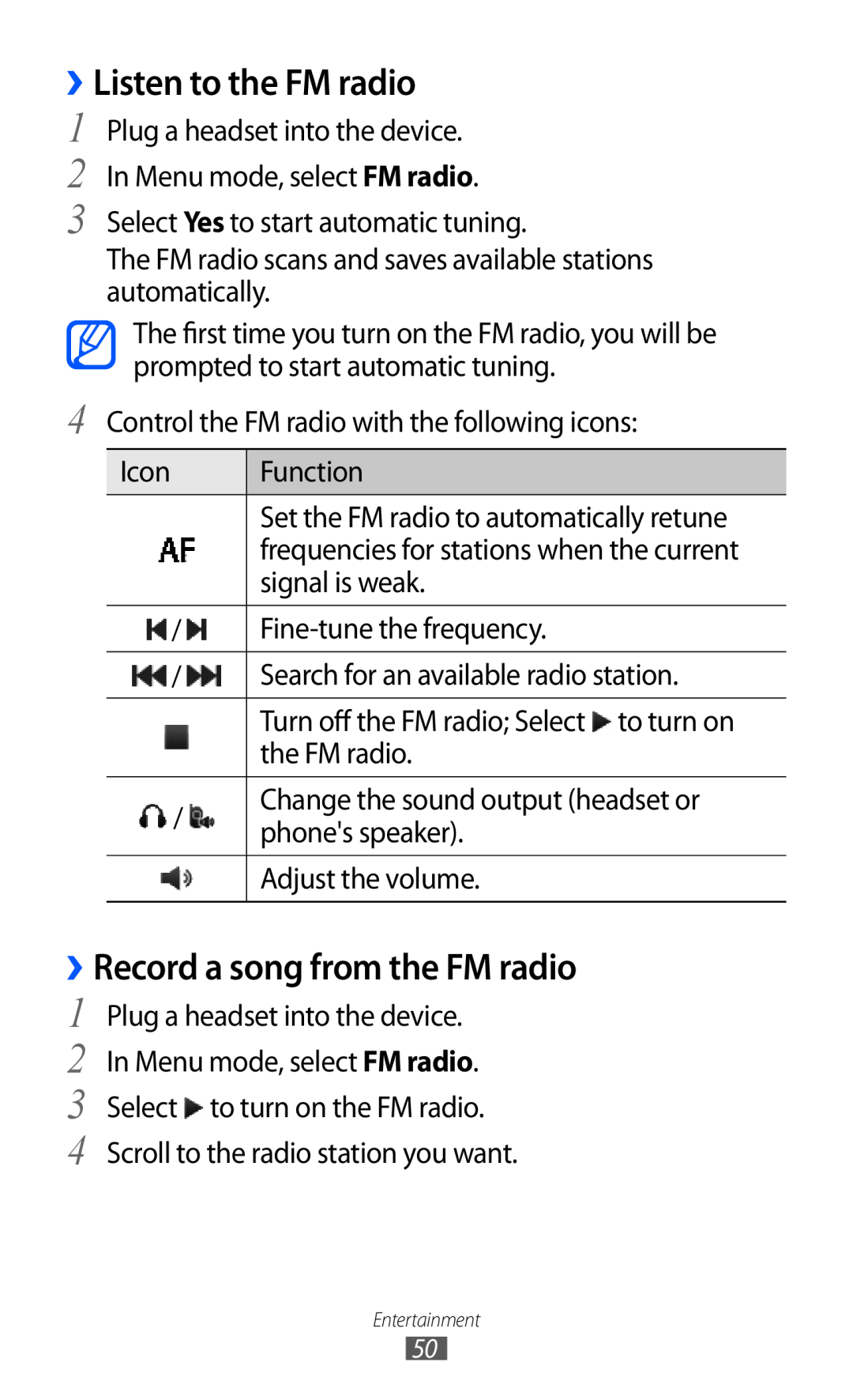 Samsung GT-C6712LKAJED, GT-C6712LKACIT, GT-C6712RWACIT manual ››Listen to the FM radio, ››Record a song from the FM radio 