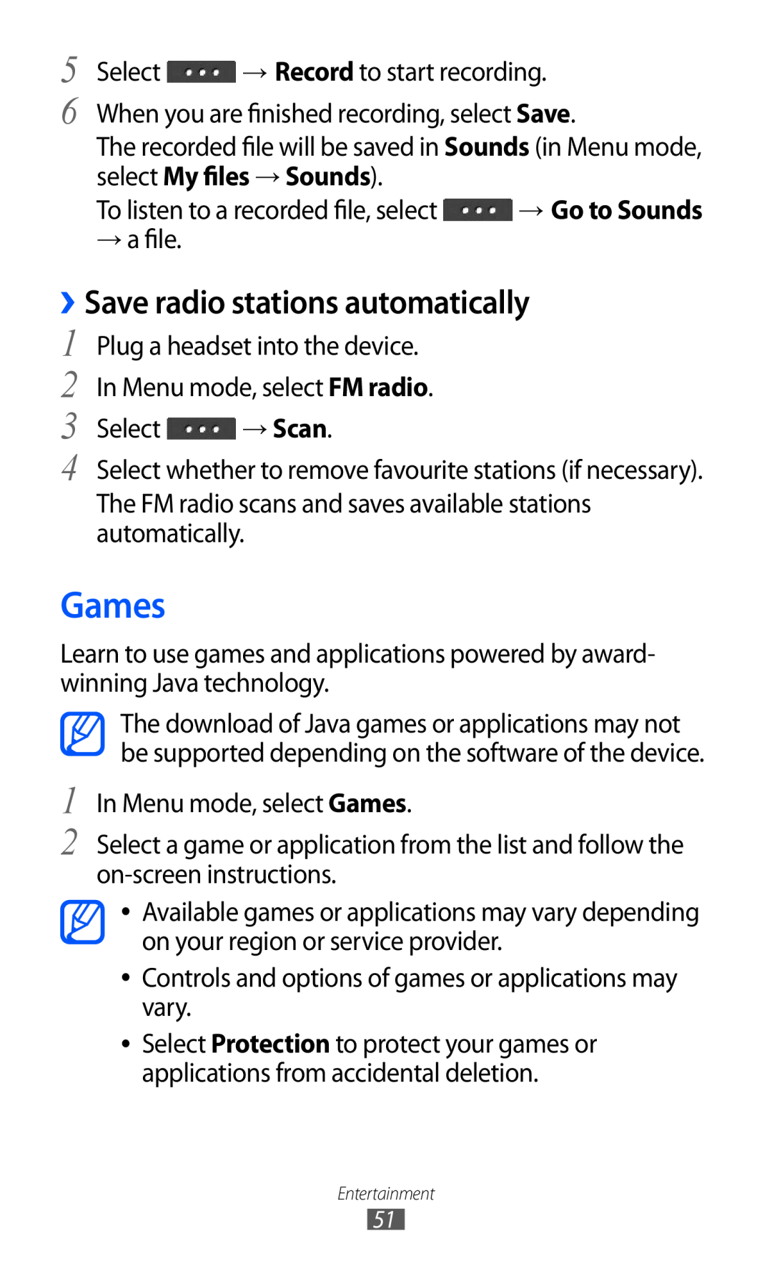 Samsung GT-C6712LKAPAK, GT-C6712LKACIT, GT-C6712RWACIT, GT-C6712LKAFOP manual Games, ››Save radio stations automatically 