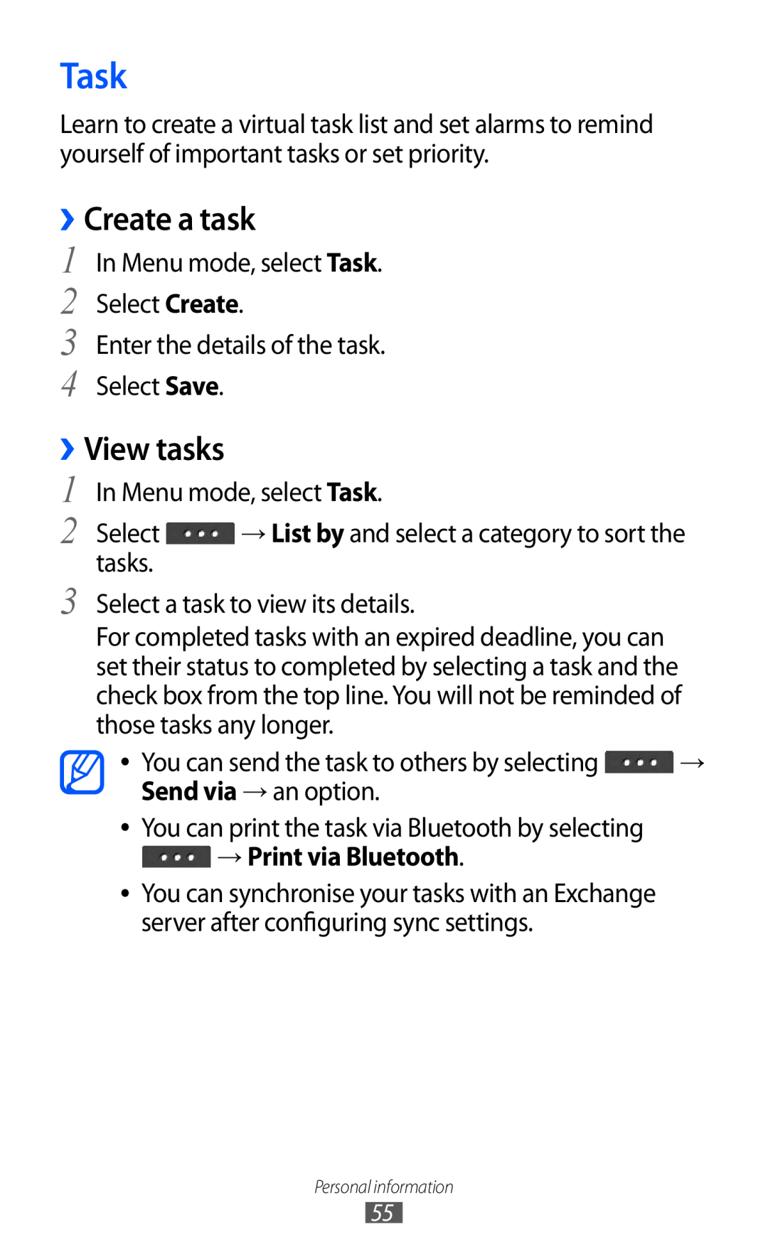 Samsung GT-C6712LKAMID, GT-C6712LKACIT, GT-C6712RWACIT manual Task, ››Create a task, View tasks, → Print via Bluetooth 