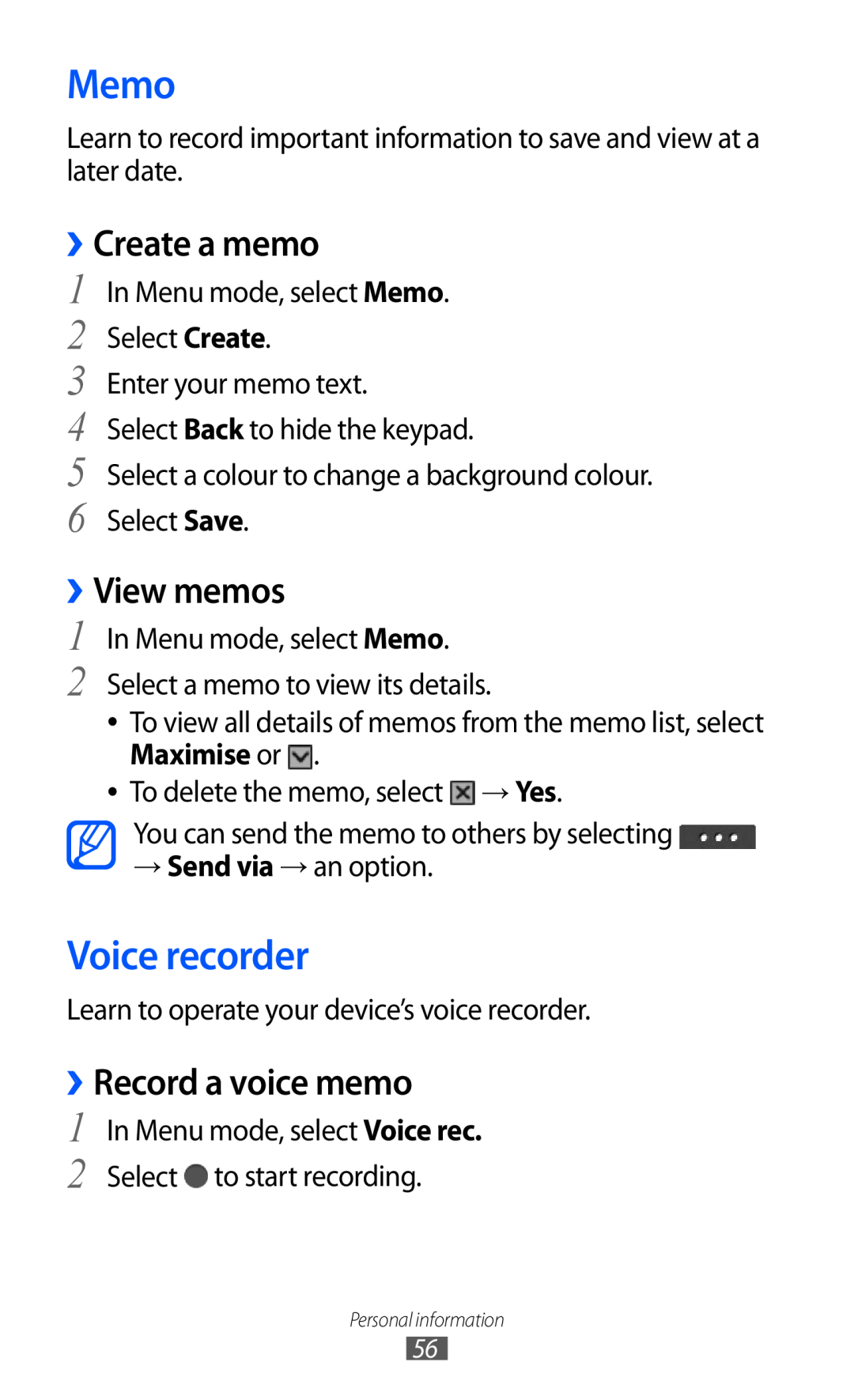Samsung GT-C6712RWAAFG, GT-C6712LKACIT manual Memo, Voice recorder, ››Create a memo, ››View memos, ››Record a voice memo 