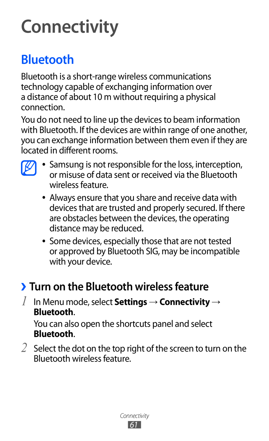 Samsung GT-C6712LKAXEZ, GT-C6712LKACIT, GT-C6712RWACIT manual Connectivity, ››Turn on the Bluetooth wireless feature 