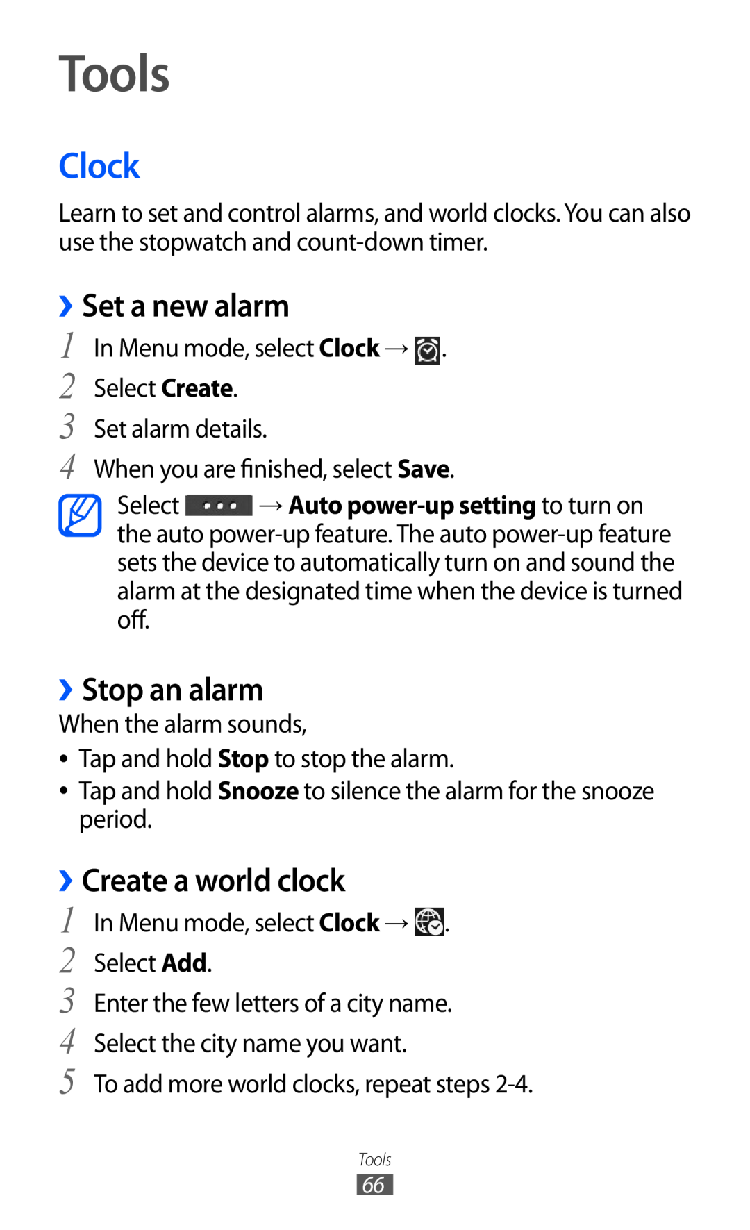 Samsung GT-C6712RWACYO Tools, Clock, ››Stop an alarm, ››Create a world clock, Select → Auto power-up setting to turn on 