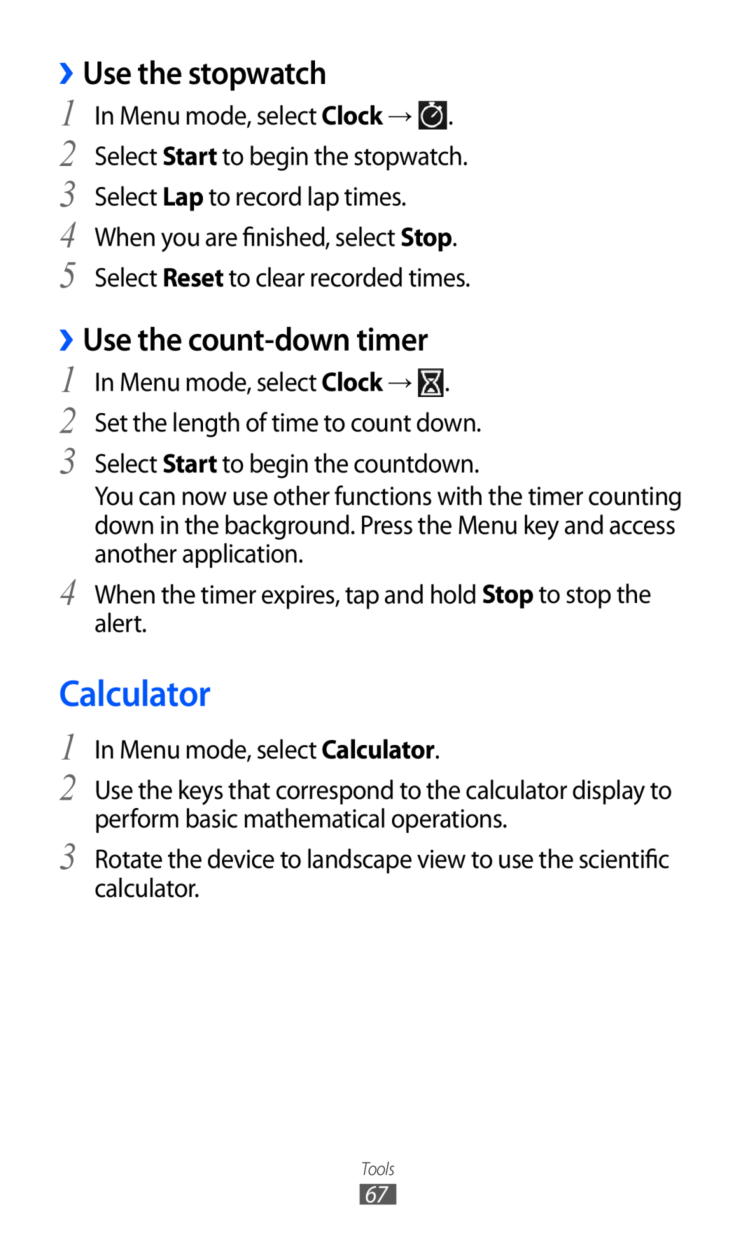 Samsung GT-C6712LKAEUR, GT-C6712LKACIT, GT-C6712RWACIT manual Calculator, ››Use the stopwatch, ››Use the count-down timer 